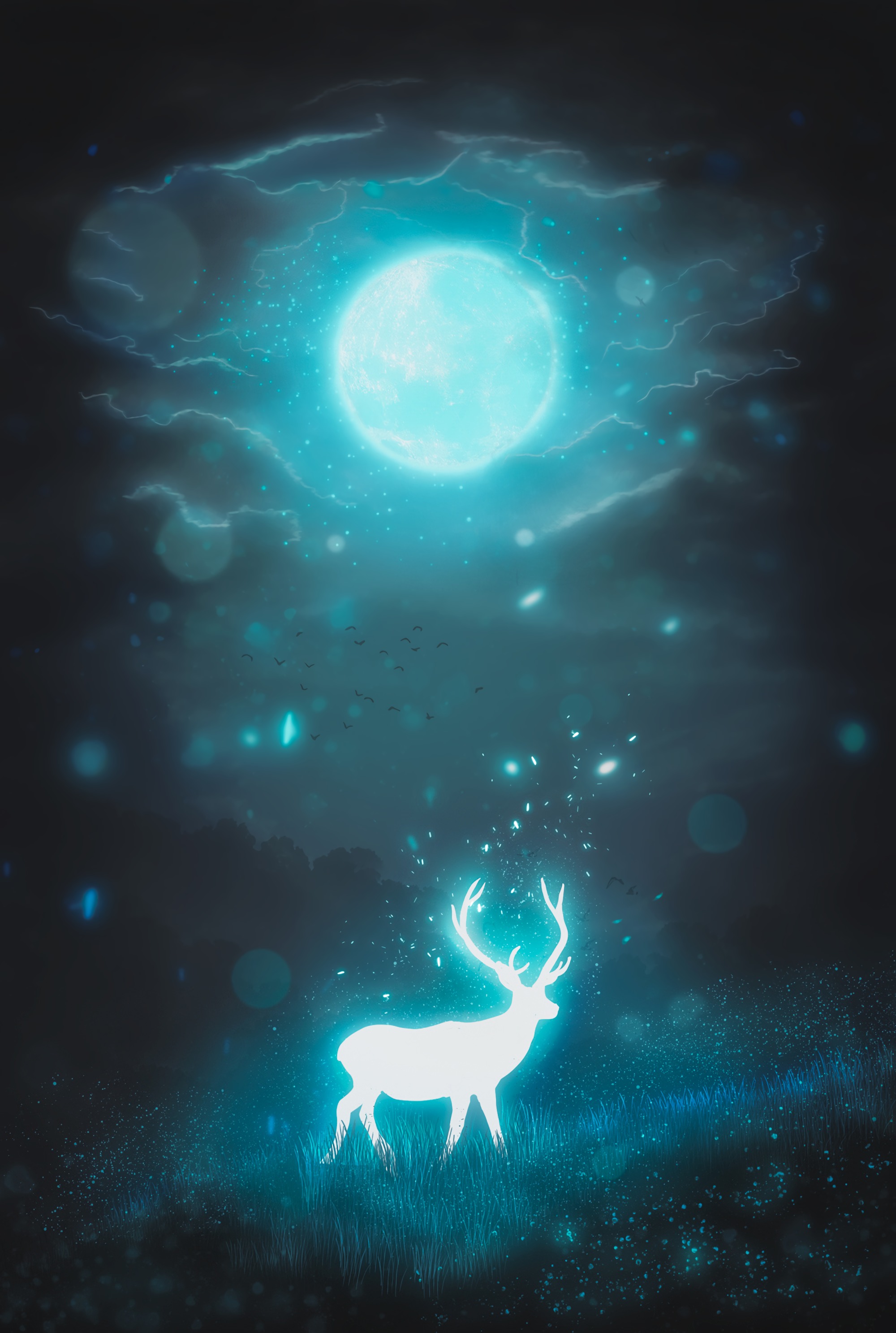 deer, glow, art, moon, glare, night cell phone wallpapers