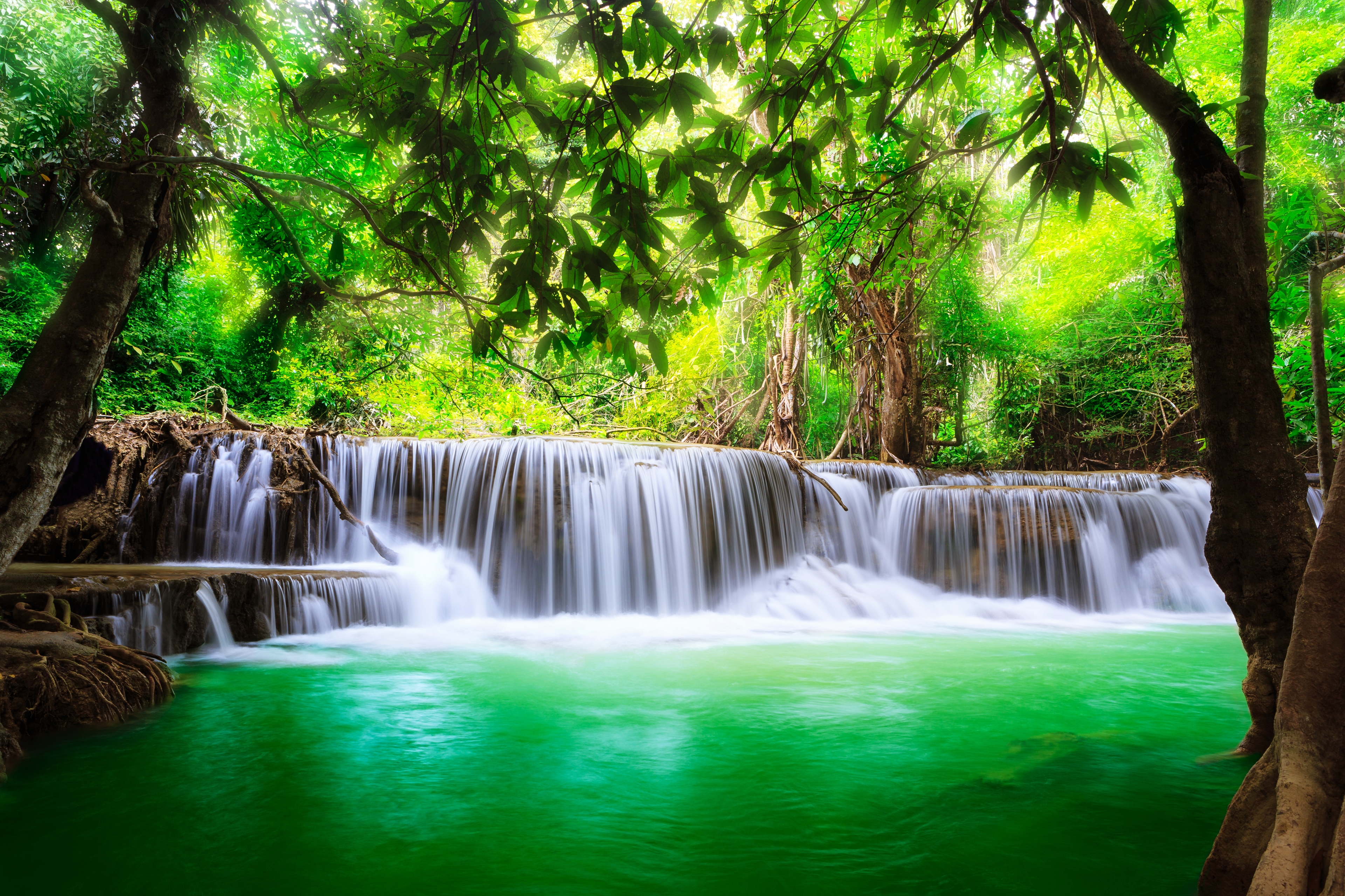 nature, waterfalls, earth, erawan waterfall, erawan national park, lake, thailand, waterfall Phone Background