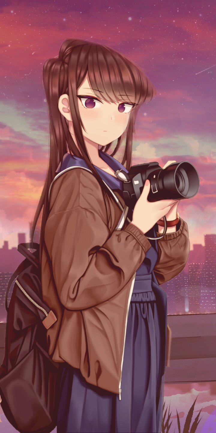 anime, komi can't communicate, purple eyes, camera, backpack HD wallpaper