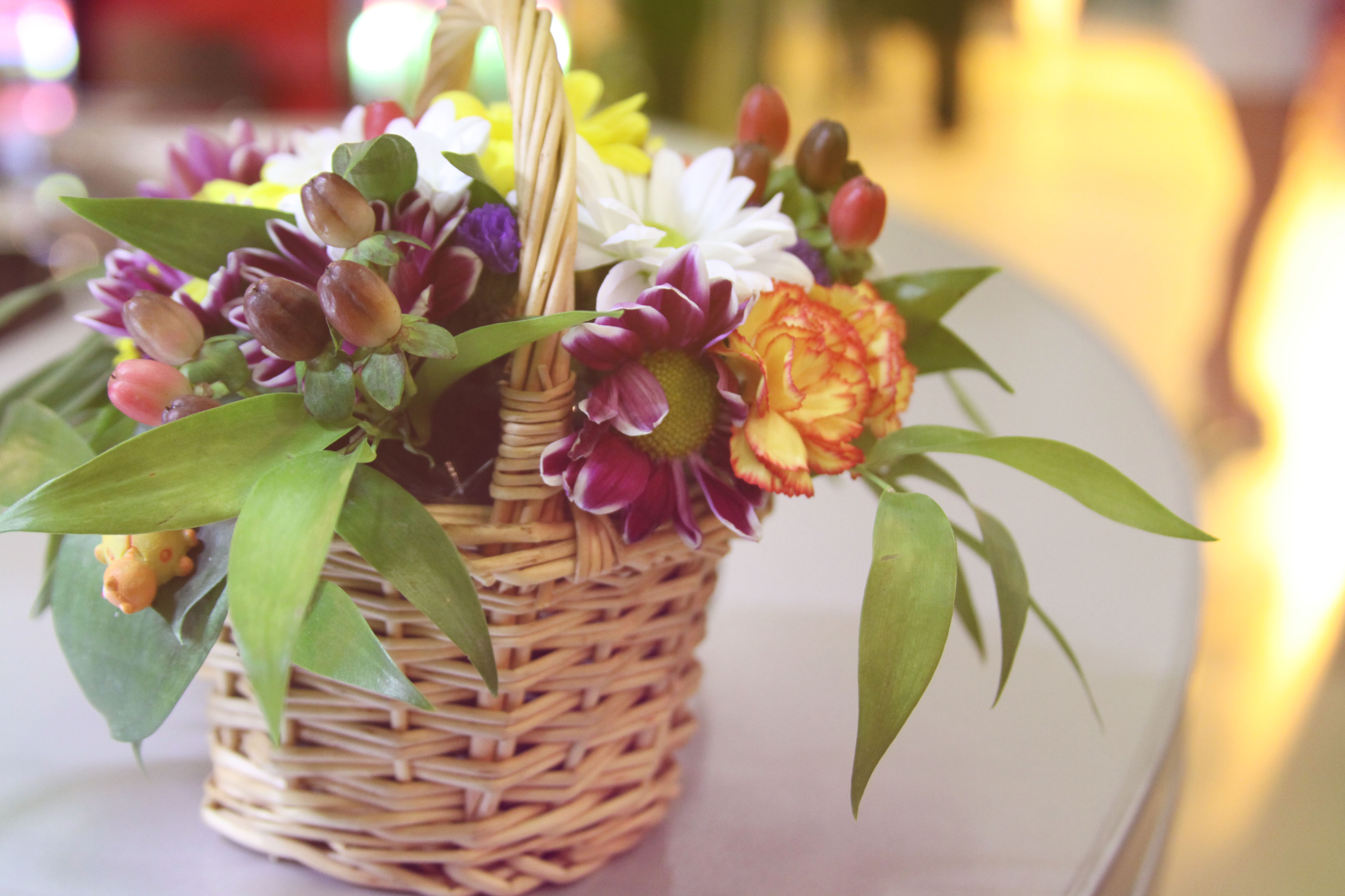 composition, flowers, carnations, beauty, bouquet, basket QHD