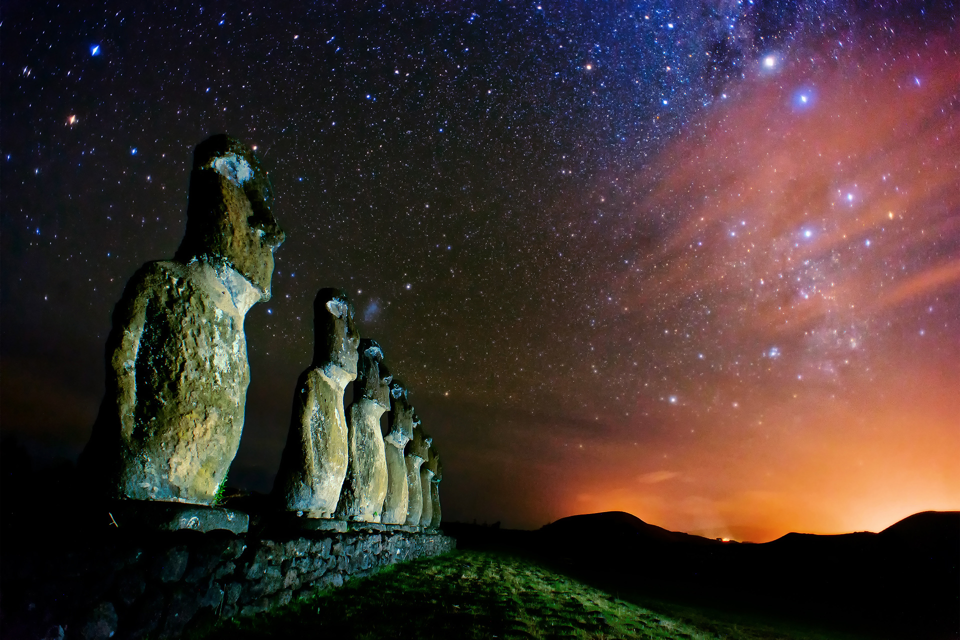 easter island, chile's protectorat, man made, moai, night, rapanui, starry sky