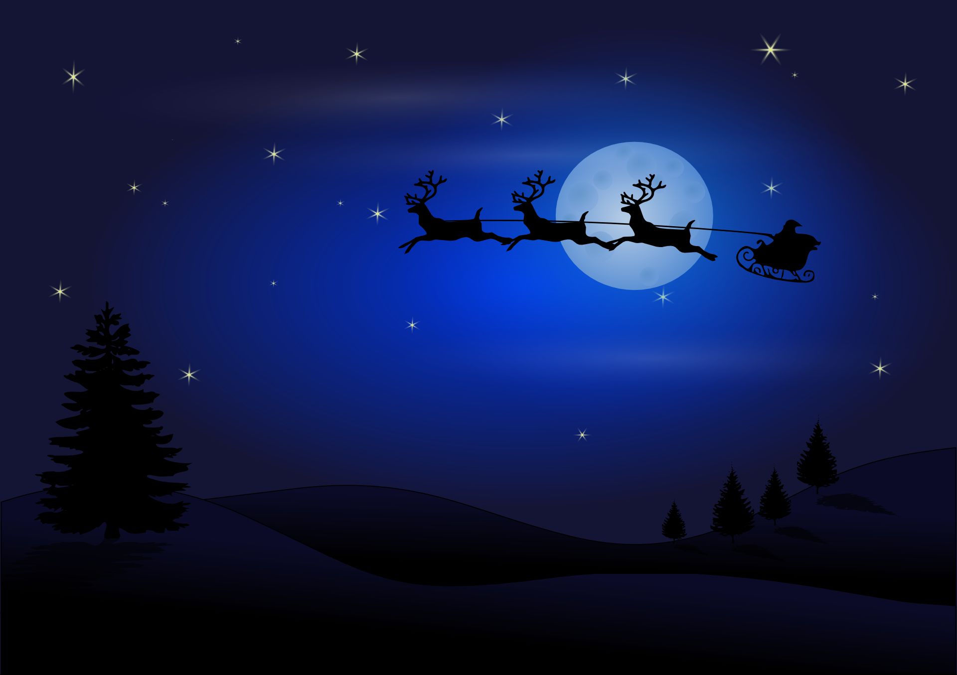 holiday, christmas, moon, night, reindeer, santa, sled, stars cellphone