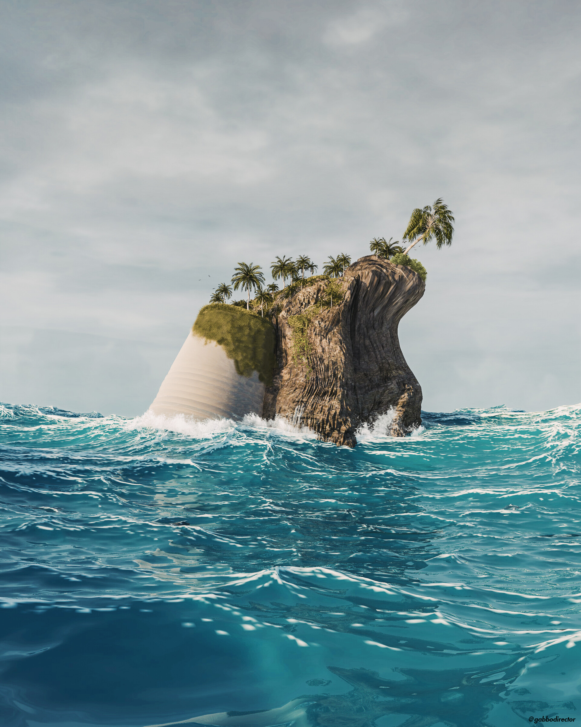 3d, sea, waves, palms, island HD wallpaper