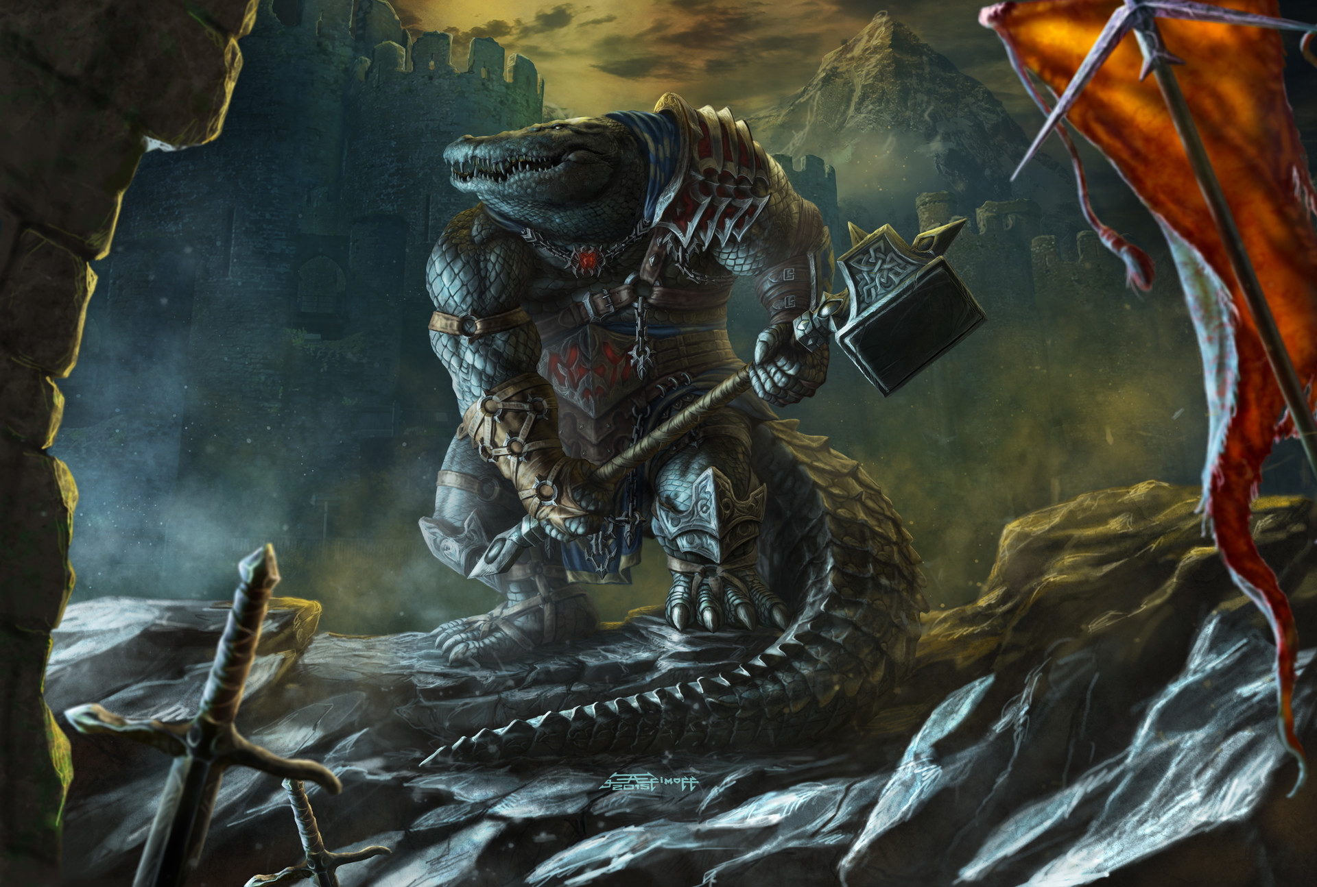 Free HD crocodile, armor, fantasy, warrior, banner, creature, hammer