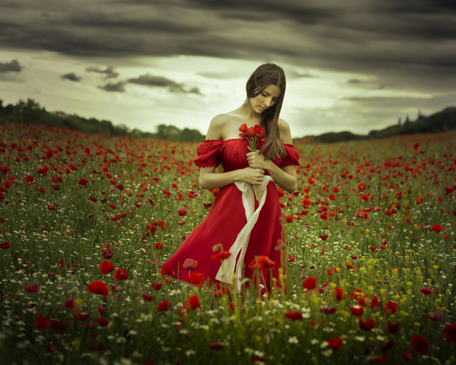 фото в поле в красном платье