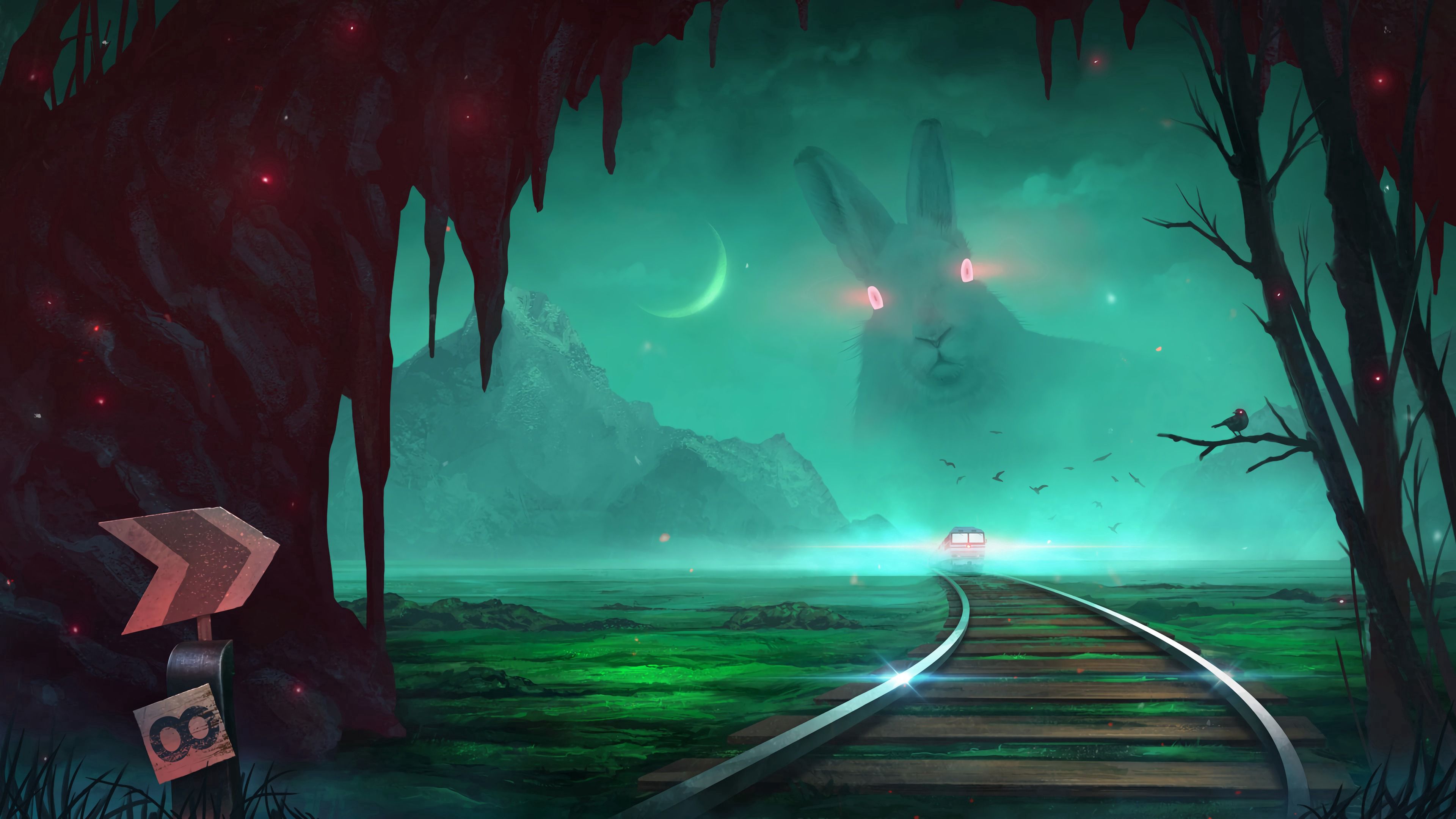 rabbit, night, art, illusion, train Full HD