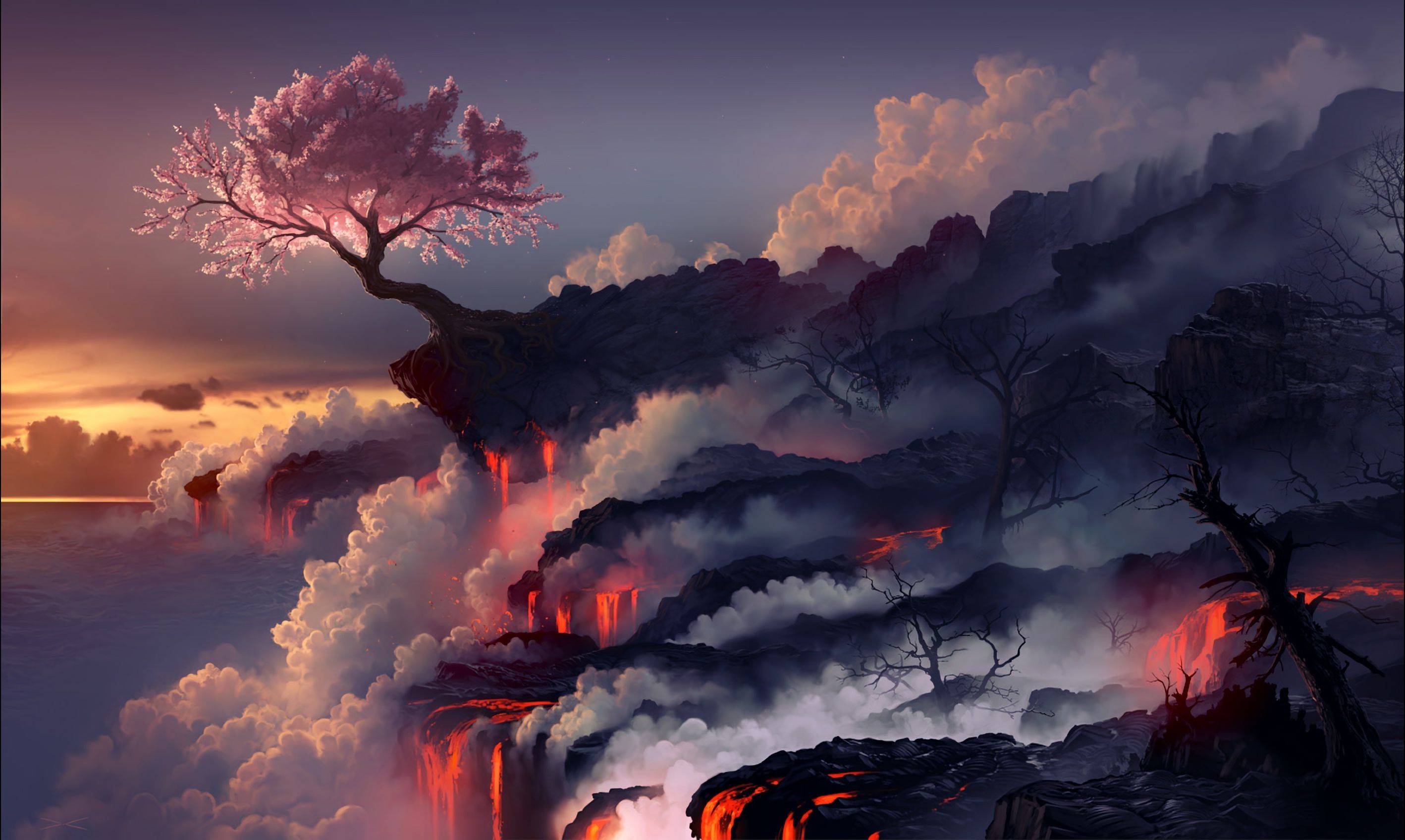 landscape, sakura, lava, sakura blossom, magic: the gathering, game Full HD