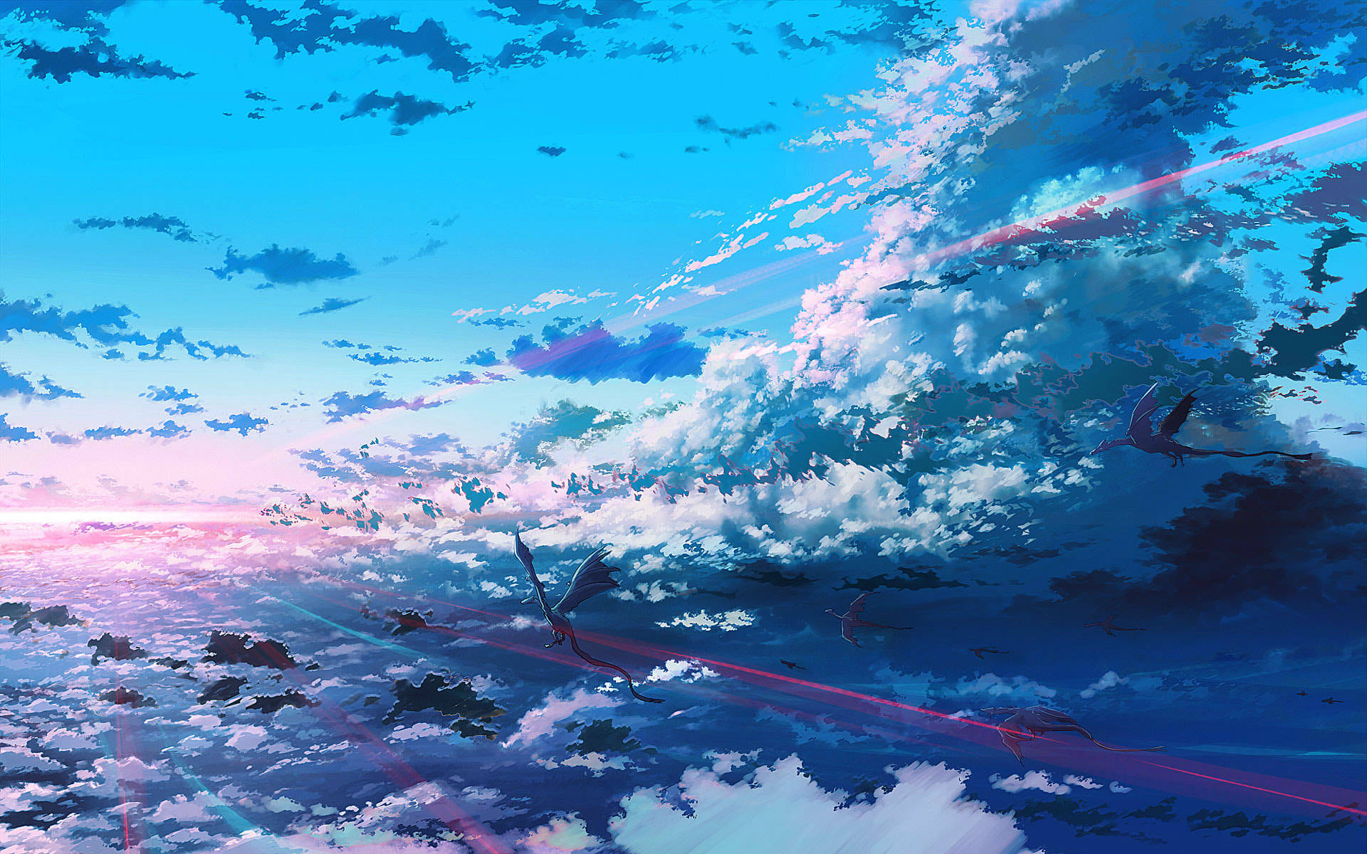 dragons, blue, landscape, fantasy, sky, clouds