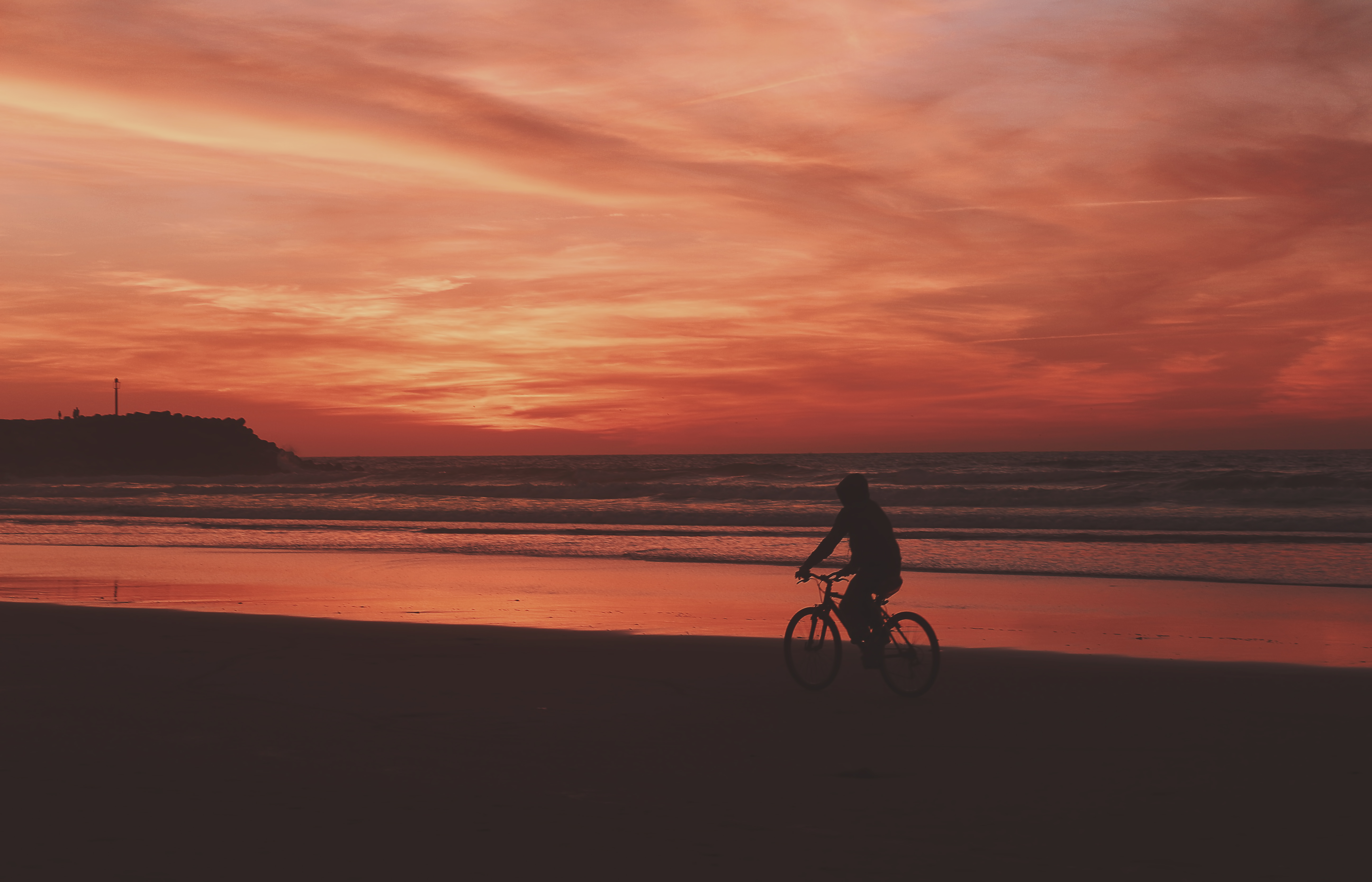 Download mobile wallpaper Shore, Bank, Sunset, Sea, Cyclist, Dark for free.