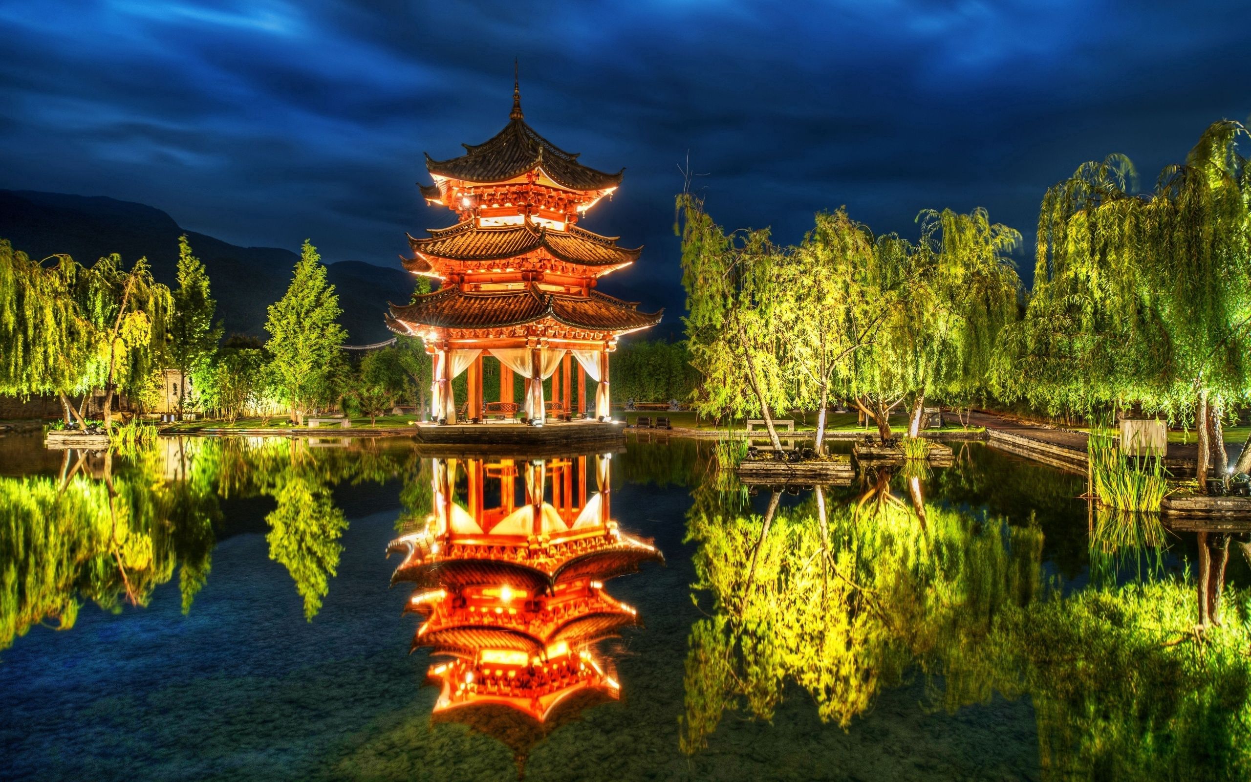Free download wallpaper Cities, Sky, Lake, Forest, Pagoda, Night, China on your PC desktop
