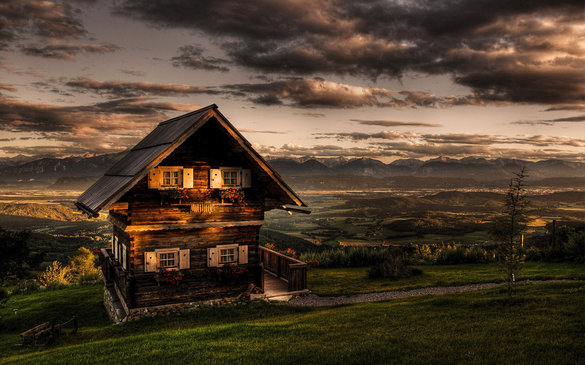 hdr, grass, sunset, hill, house, man made, building, cabin, landscape, mountain