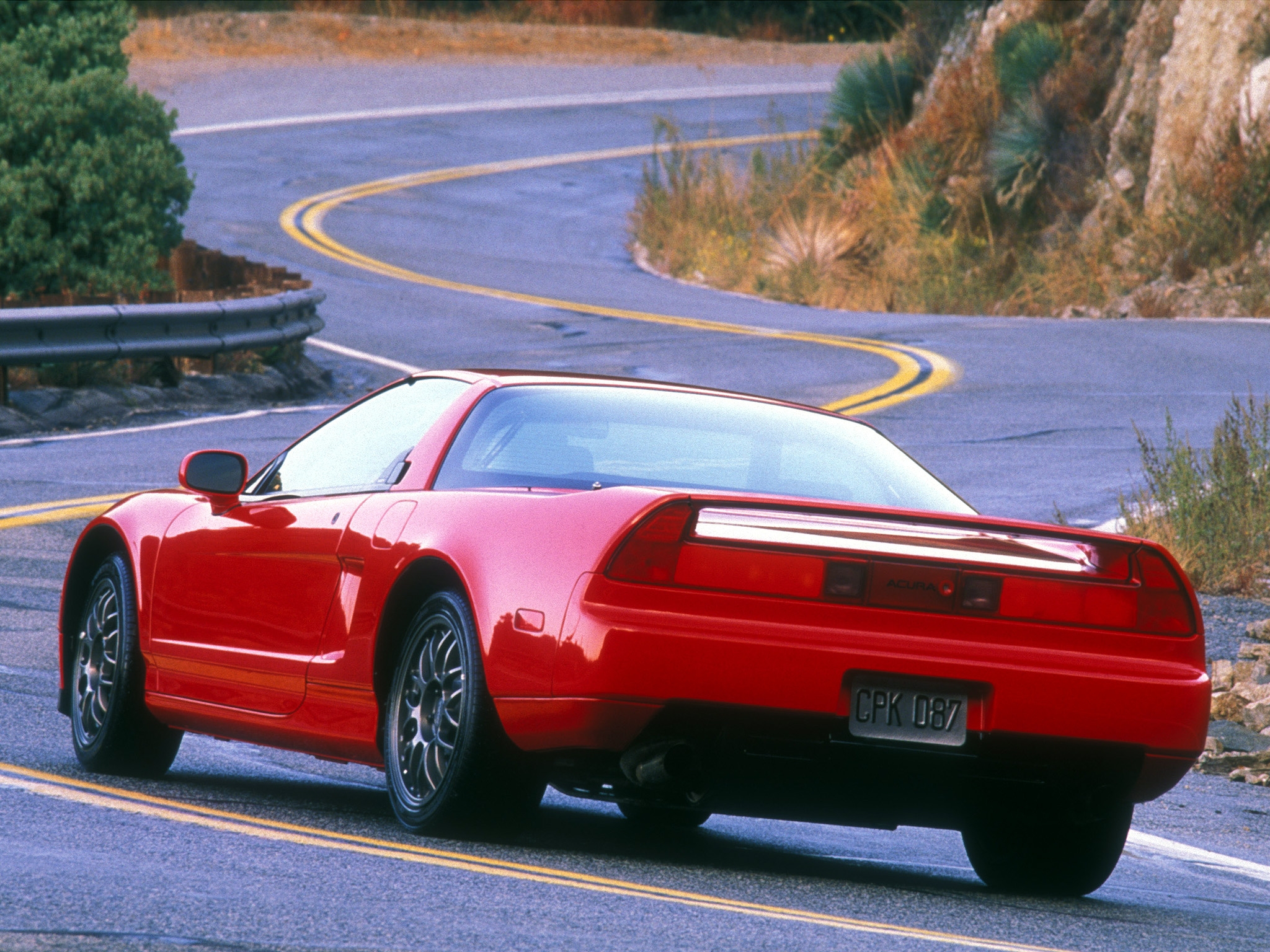 sports, auto, nature, acura, cars, red, rocks, road, back view, rear view, style, akura, 1999, nsx, hsx, nsh HD wallpaper