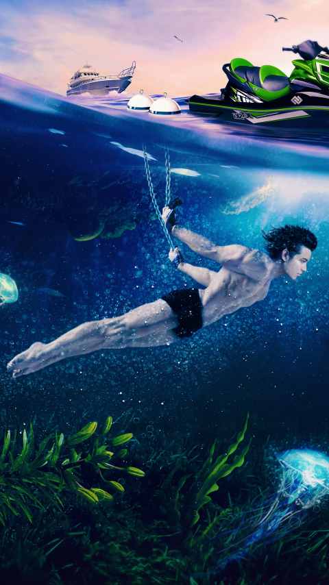 photography, underwater, nature, water, manipulation, reef, algae, jellyfish, jet ski, sea 4K