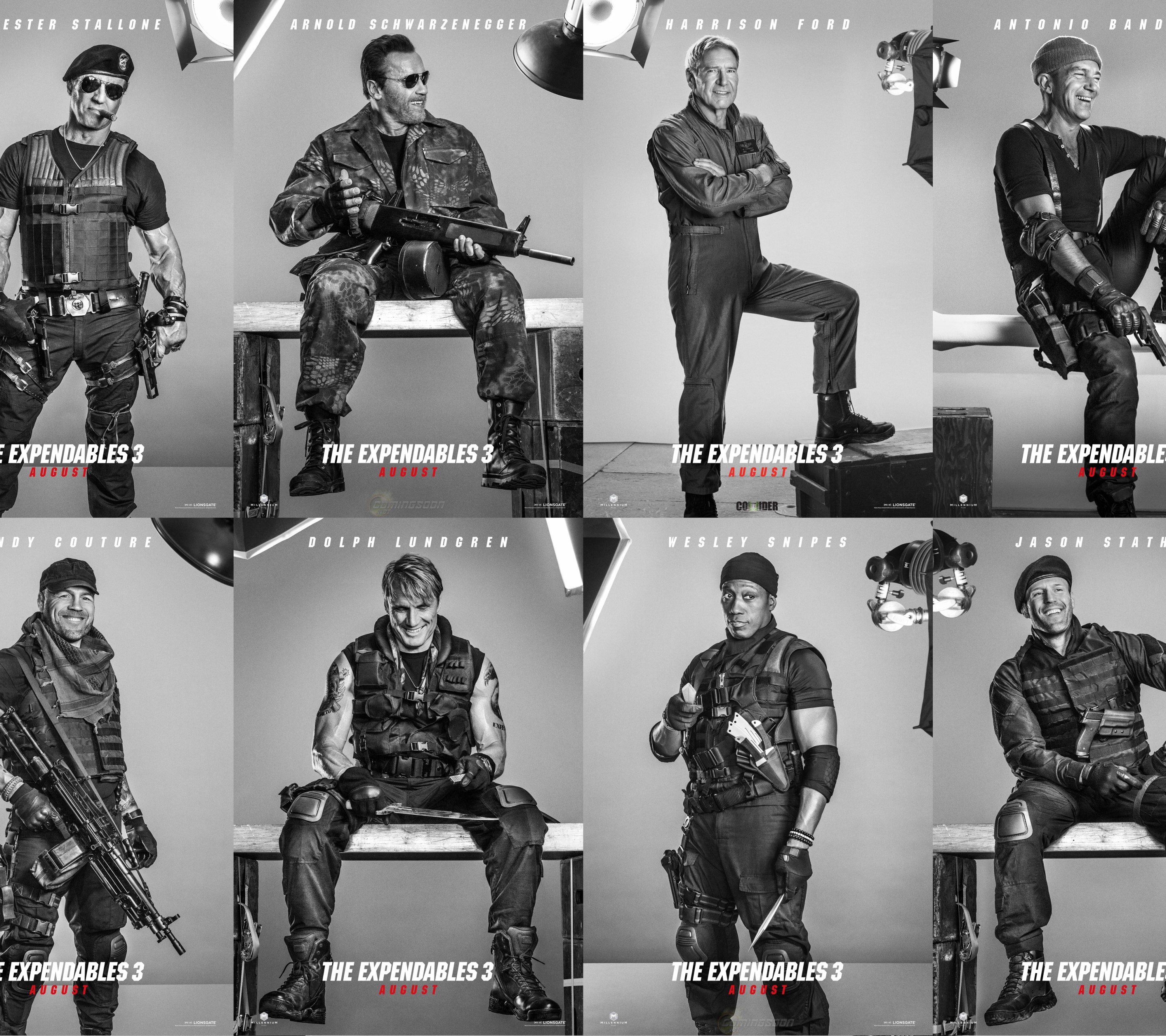 movie, the expendables 3, randy couture, sylvester stallone, arnold schwarzenegger, dolph lundgren, wesley snipes, harrison ford, jason statham, antonio banderas, barney ross, doc (the expendables), trench (the expendables), lee christmas, gunnar jensen, toll road, galgo (the expendables), max drummer, the expendables