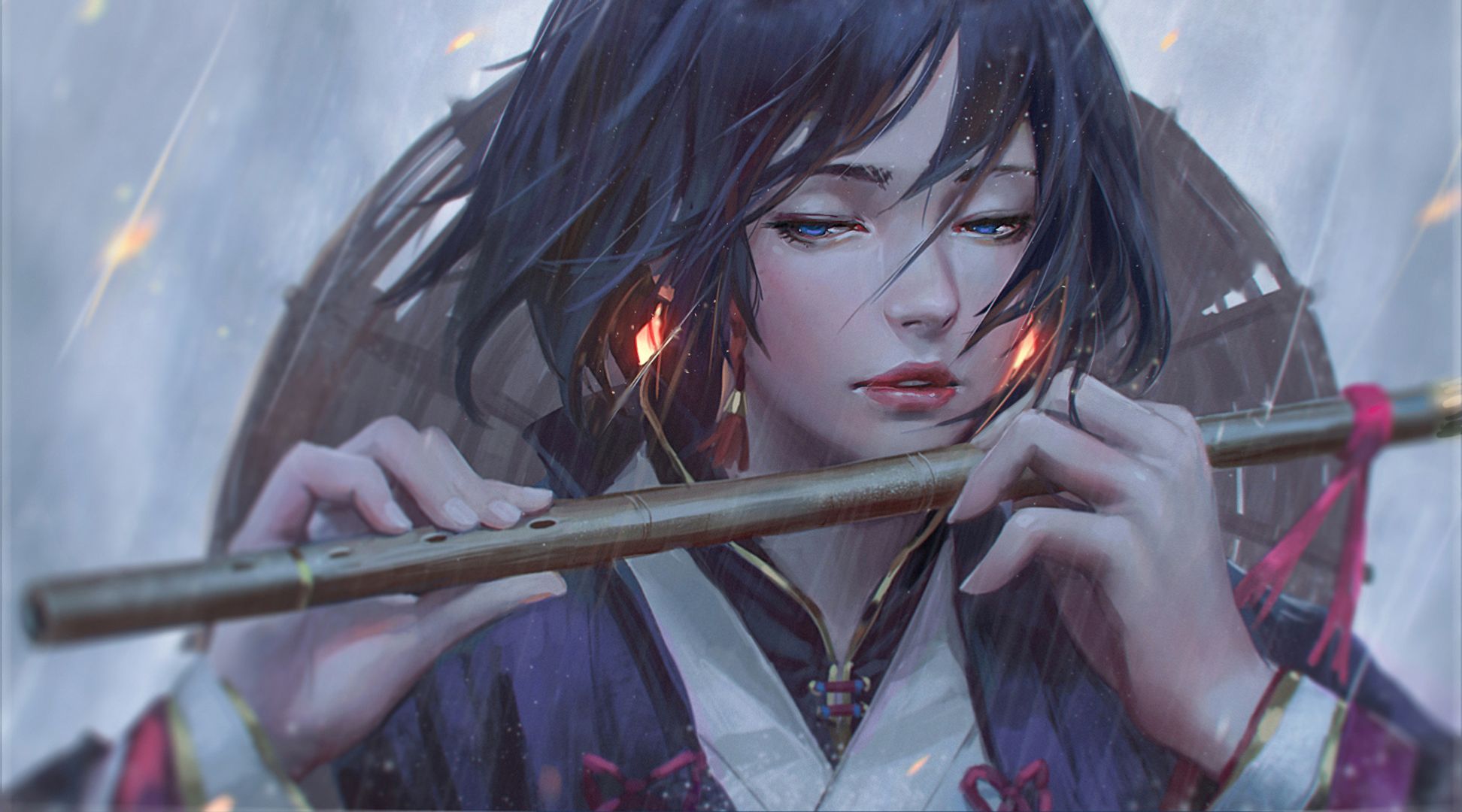 rain, fantasy, women, flute, kimono, short hair
