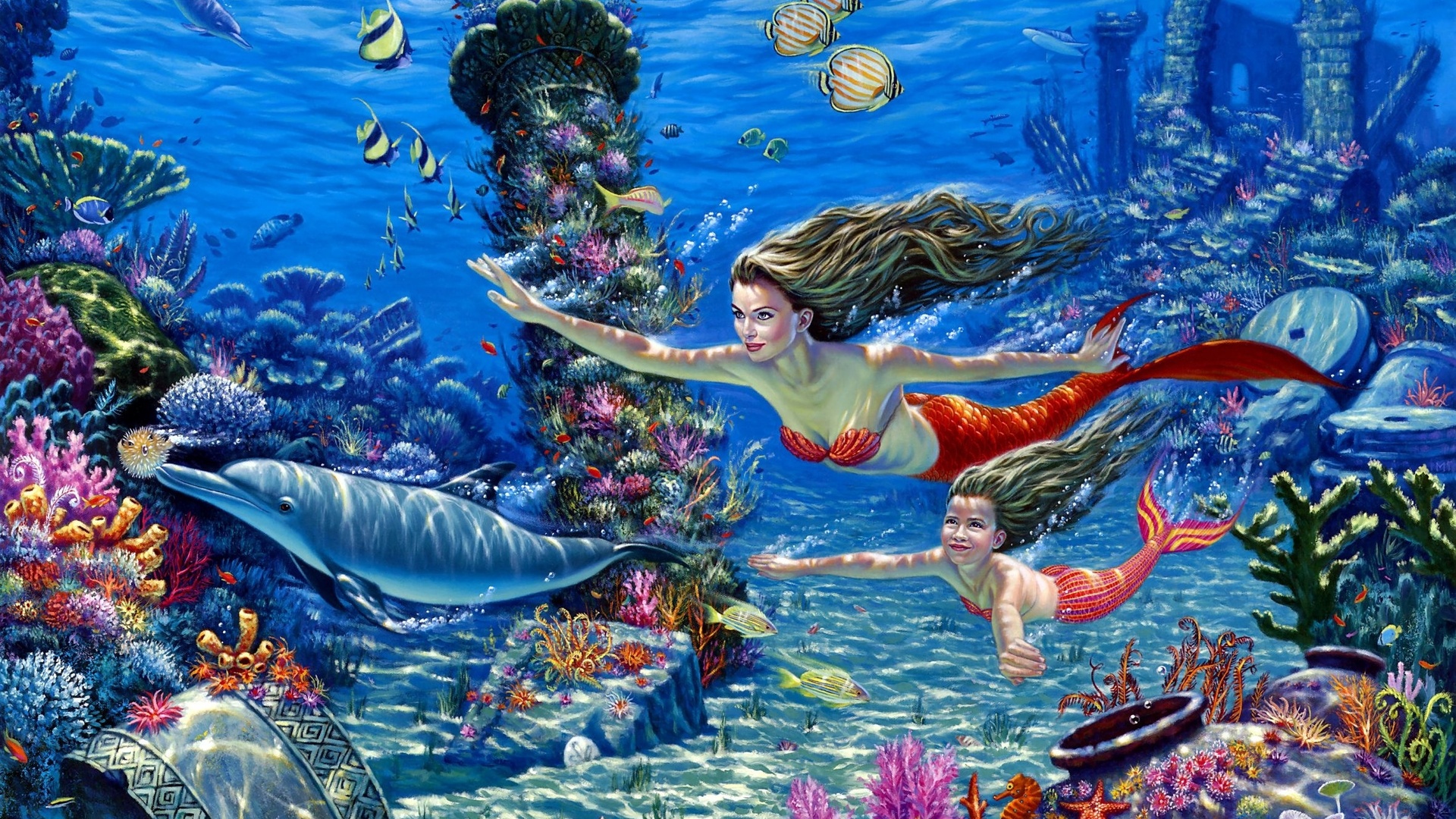 608967 скачать обои море, русалочка, рыба фугу, дельфин, фэнтези, коралловый риф, рыба, акула, подводный - заставки и картинки бесплатно