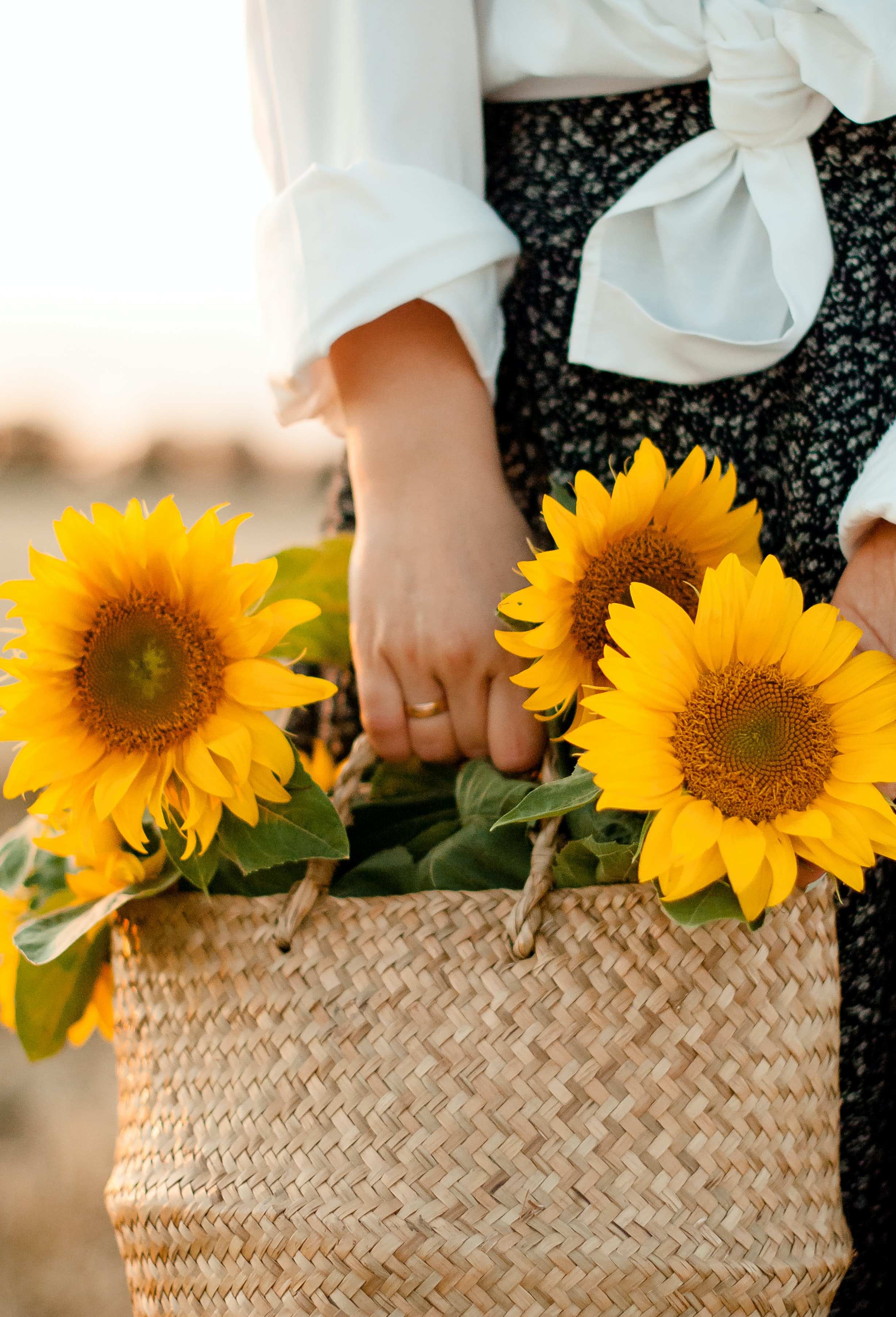 Download mobile wallpaper Bag, Flowers, Hands, Sunflowers, Girl for free.