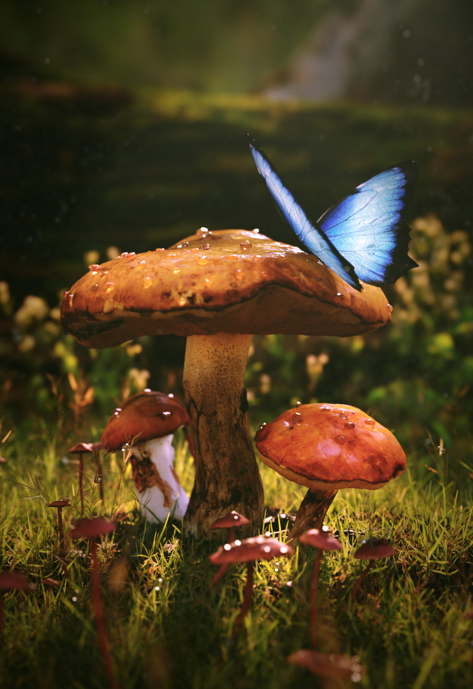 Baixe gratuitamente a imagem Grama, Cogumelos, Borboleta, Orvalho, Molhado, 3D na área de trabalho do seu PC