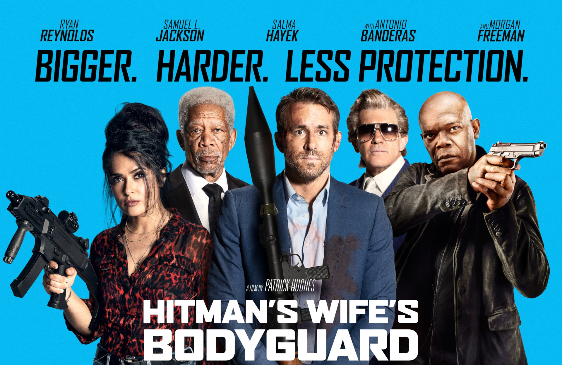 movie, the hitman's wife's bodyguard, antonio banderas, darius kincaid, michael bryce, morgan freeman, ryan reynolds, salma hayek, samuel l jackson