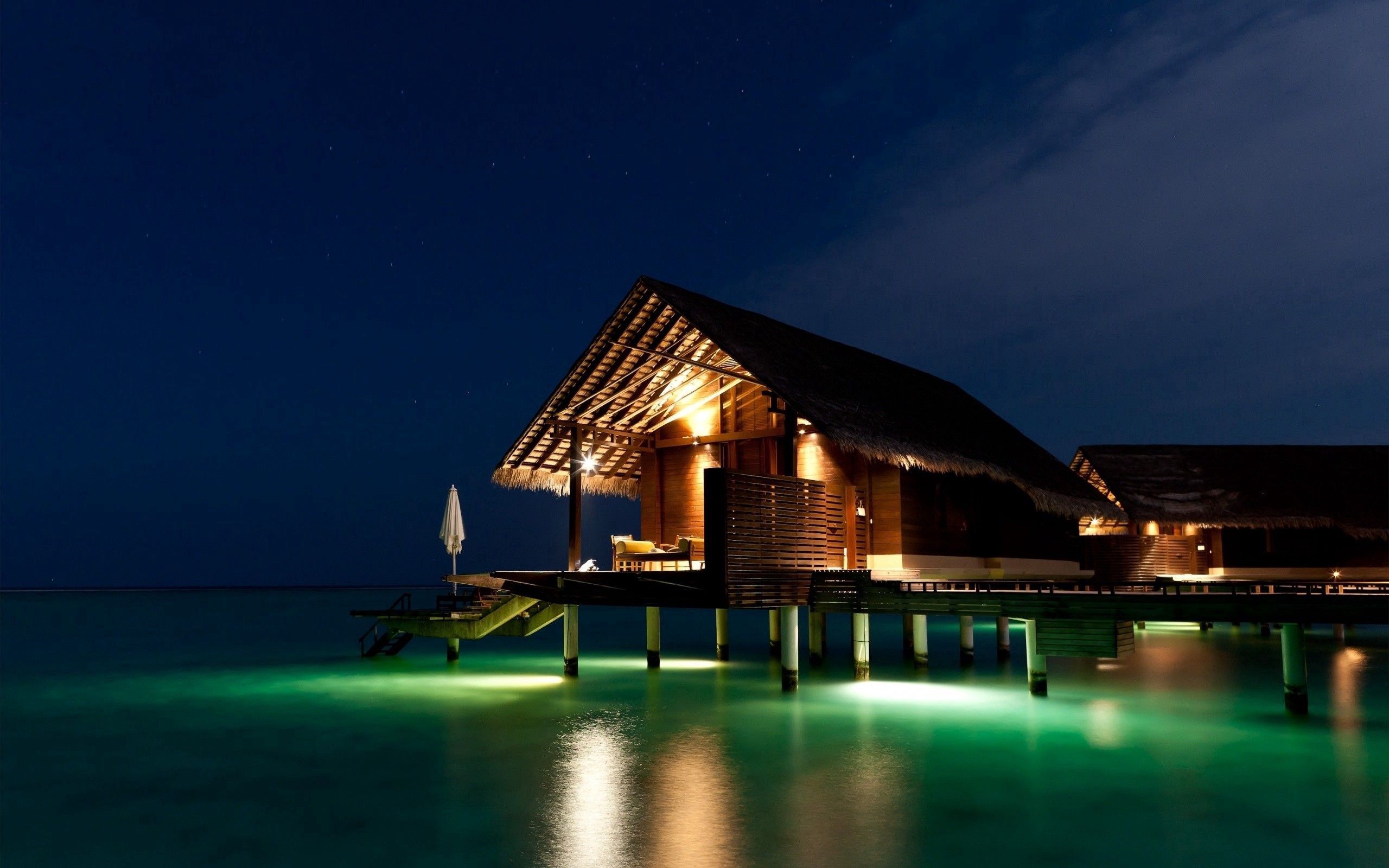 nature, bungalow, tropics, night, maldives QHD