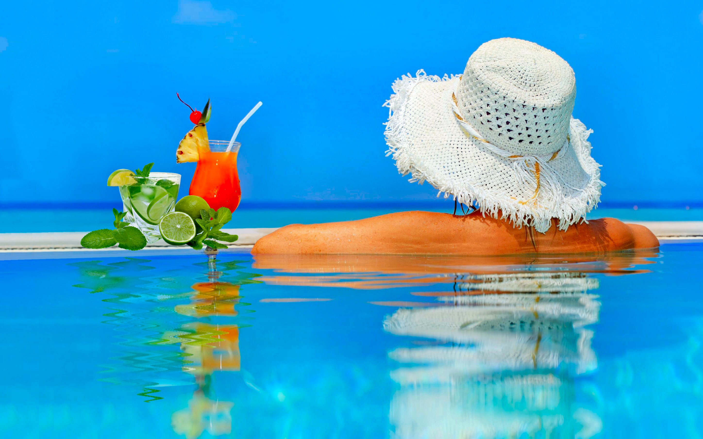 summer, women, beautiful, cocktail, hat, mojito, pool, reflection 4K, Ultra HD