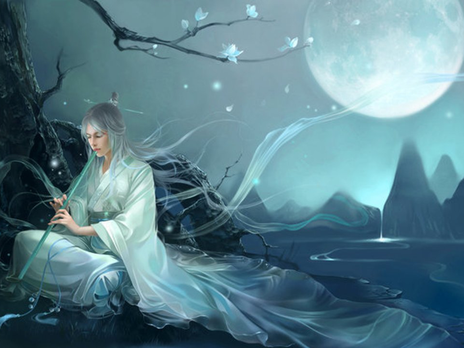 oriental, fantasy, flute blue, moon