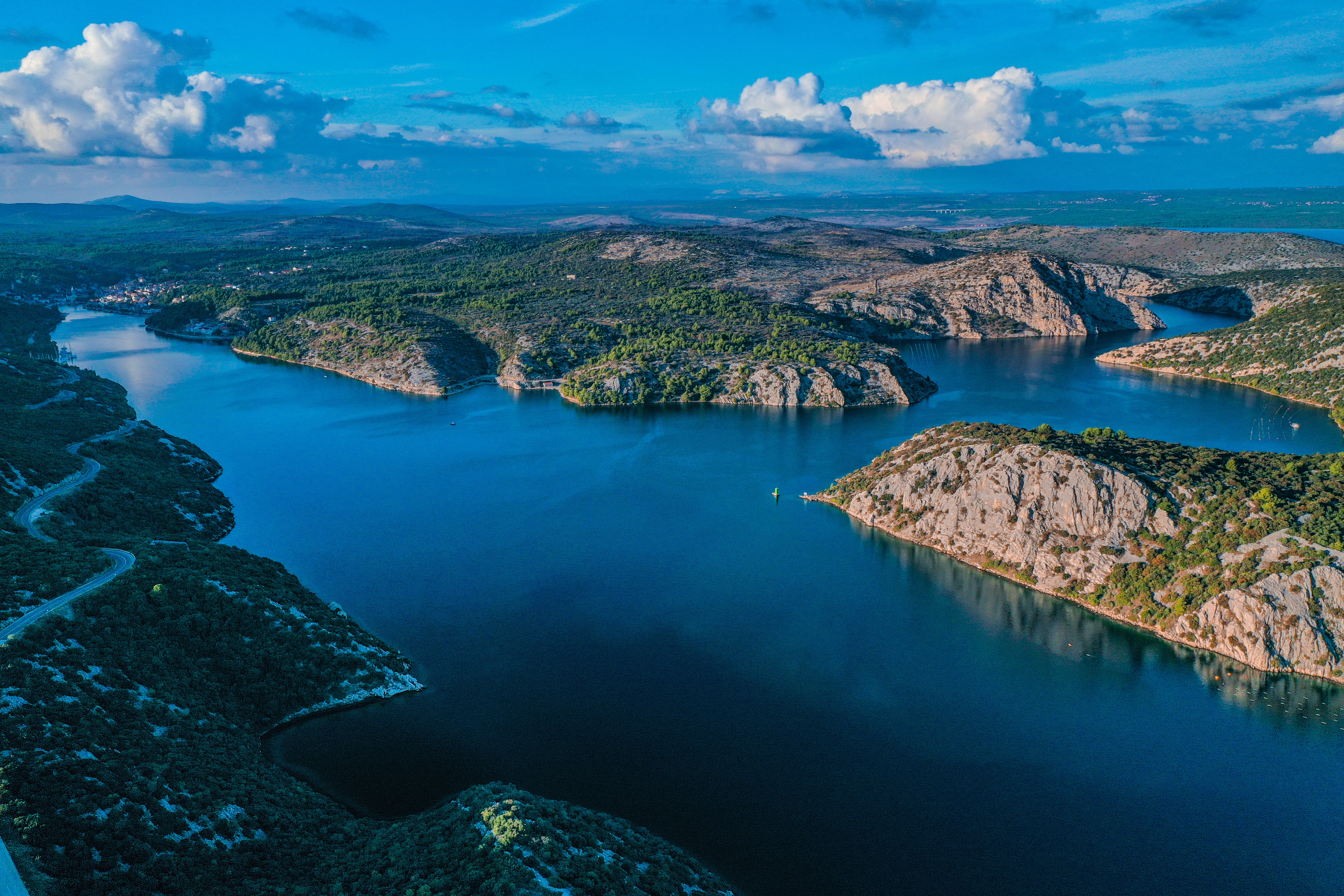 landscape, nature, sky, clouds, view from above, lake, islands UHD