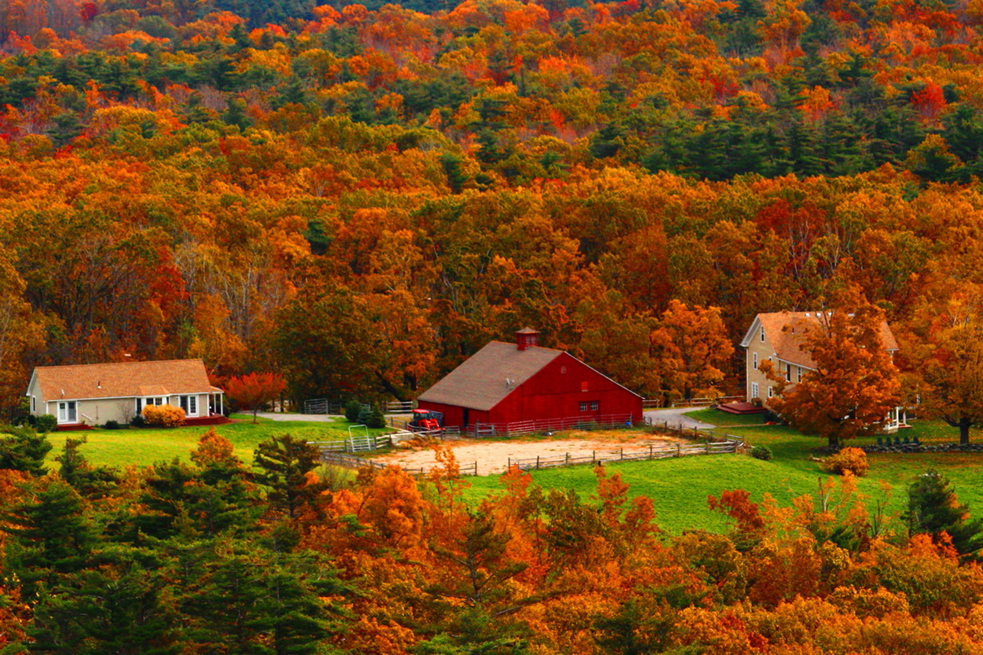 Wallpaper Full HD barn, man made, country, fall, forest, house, tree