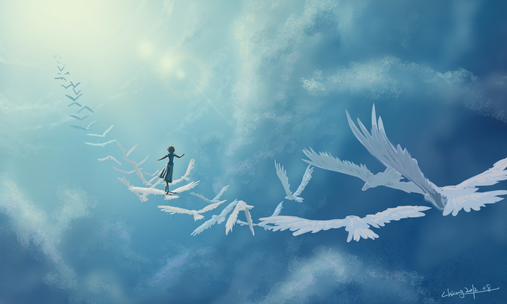 PC Wallpapers fantasy, birds, art, clouds, girl, in the sky