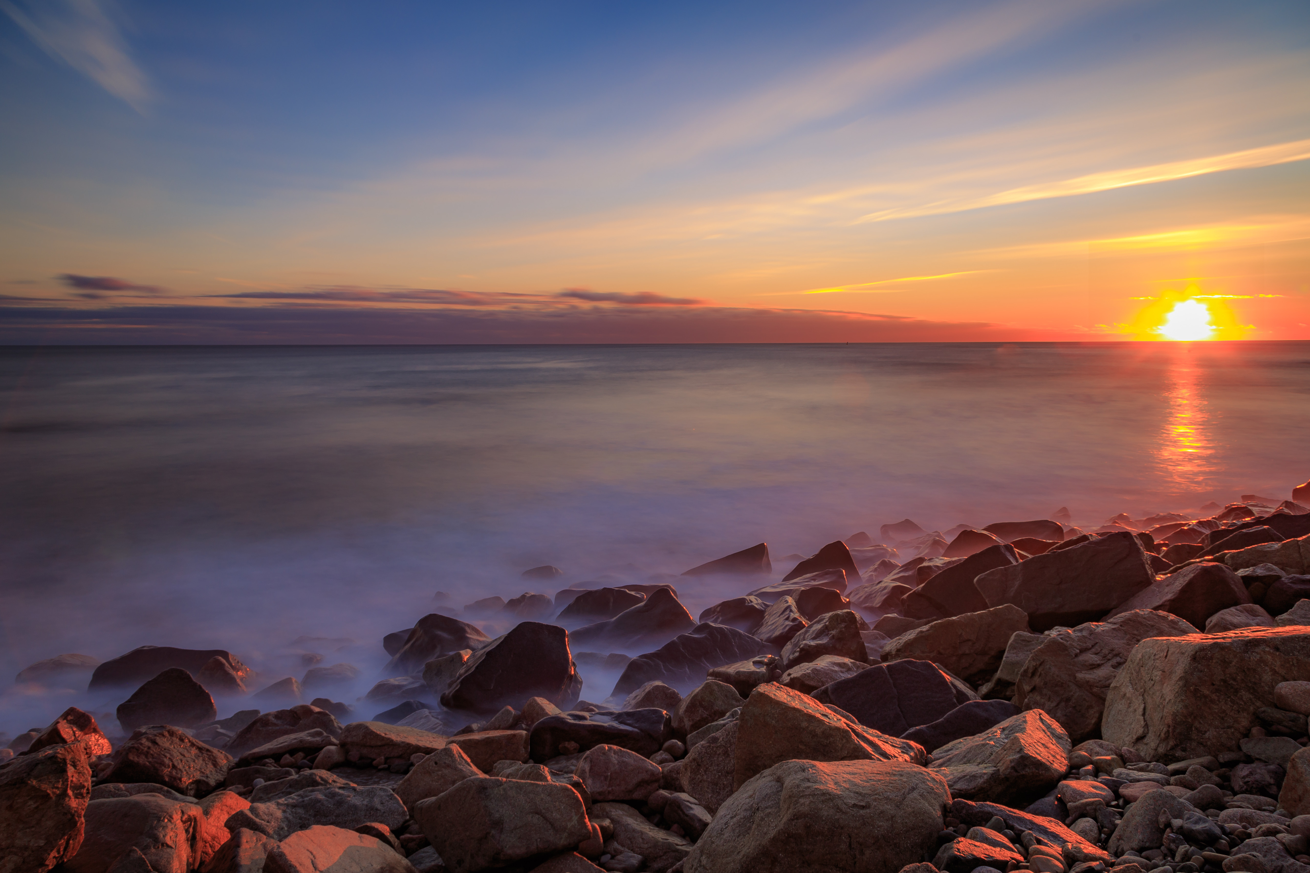 Free download wallpaper Sea, Coast, Stones, Horizon, Nature, Stone, Sunset on your PC desktop
