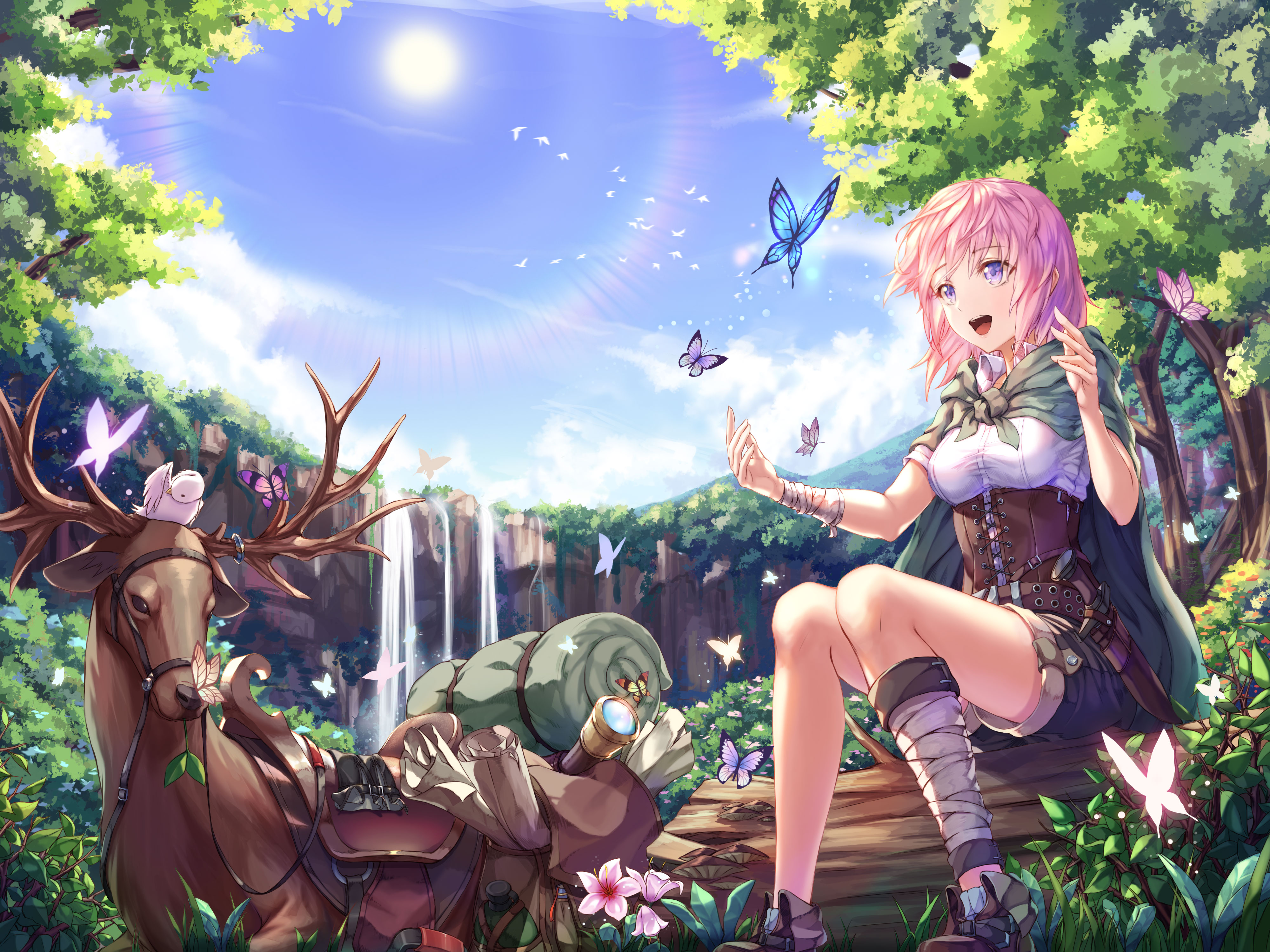 Download background anime, original, bird, blue eyes, butterfly, cloak, dagger, deer, flower, pink hair, short hair, smile, waterfall