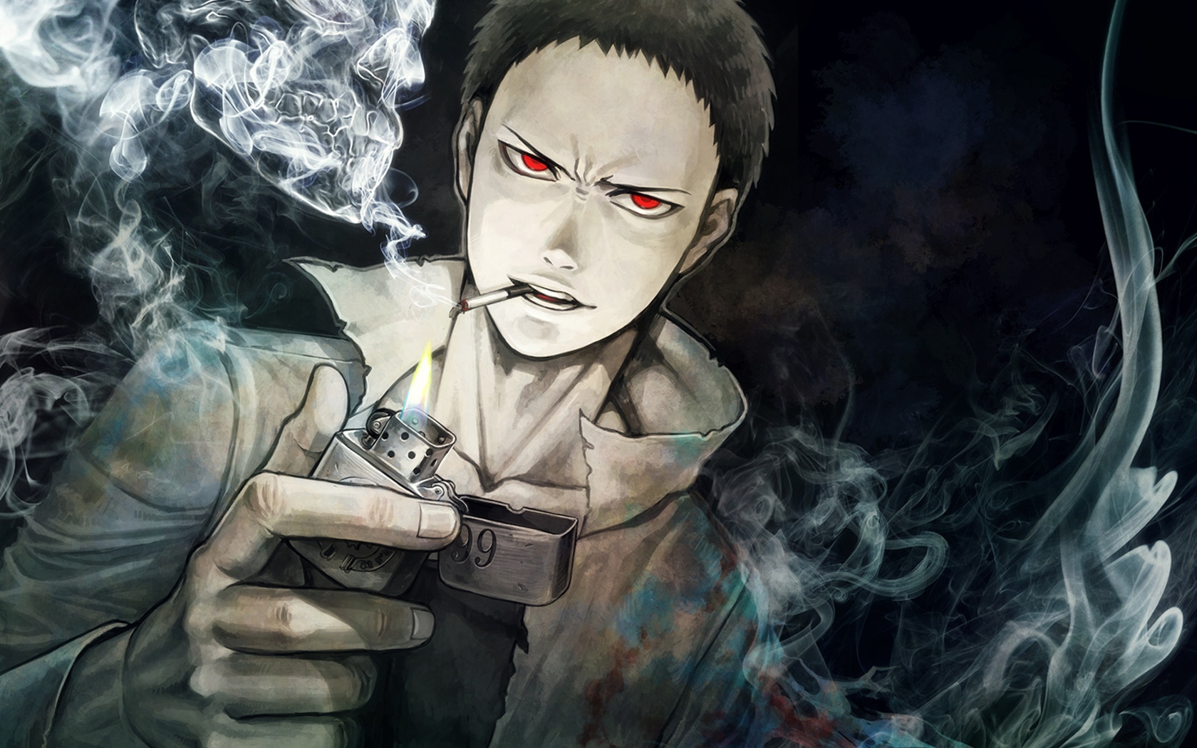smoke, anime, one punch man, angry, black hair, cigarette, coat, lighter, red eyes, zombieman (one punch man)