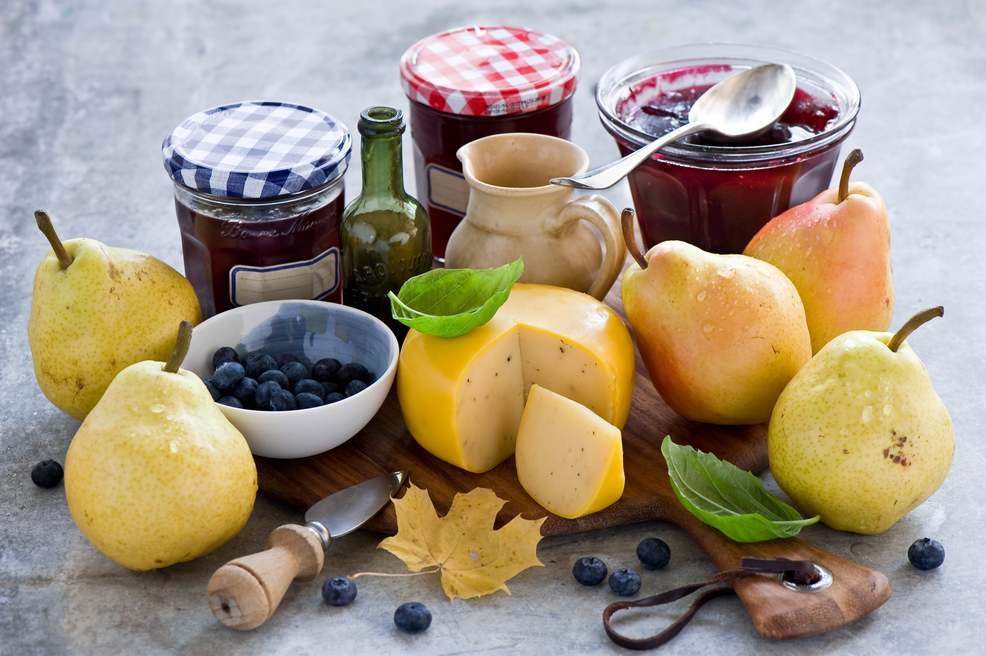 food, still life, blueberry, cheese, fruit, jam, pear
