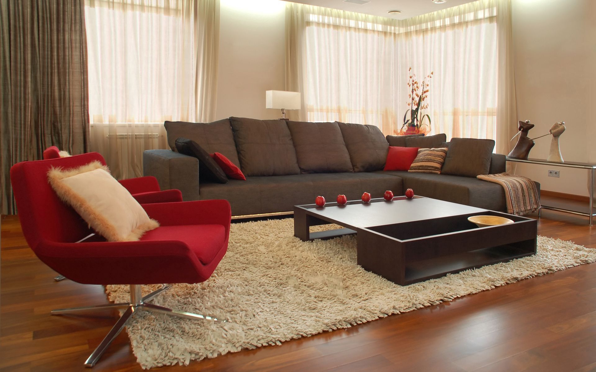 114830 скачать обои диван, квартира, интерьер, разное, красный, дизайн, стиль, кресло, комната - заставки и картинки бесплатно