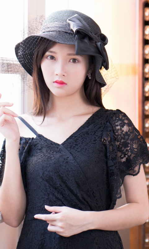 Download mobile wallpaper Hat, Brunette, Model, Women, Asian, Black Hair, Lipstick for free.