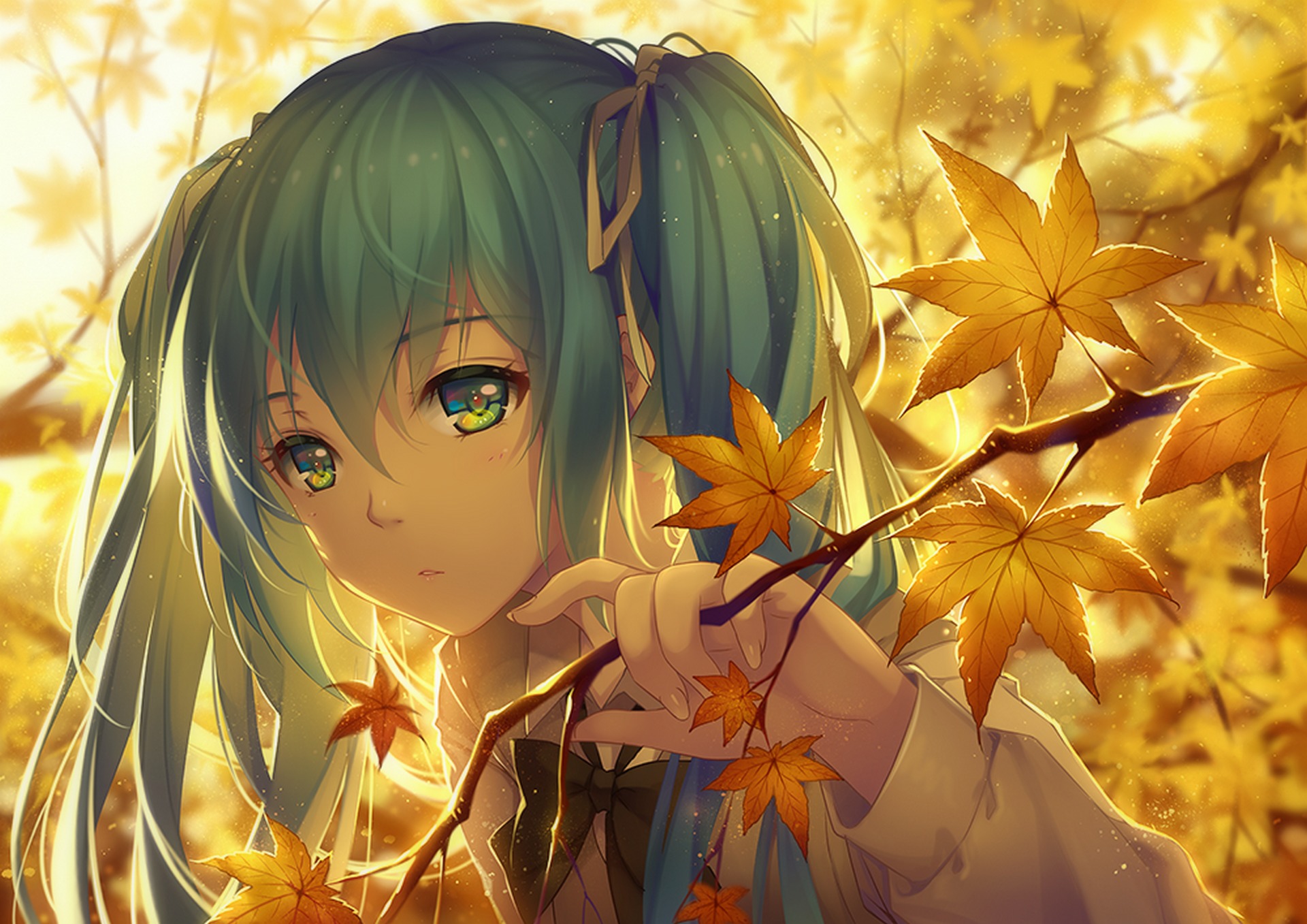leaf, blue eyes, anime, bow (clothing), fall, hatsune miku, vocaloid, long hair, blue hair, twintails HD wallpaper