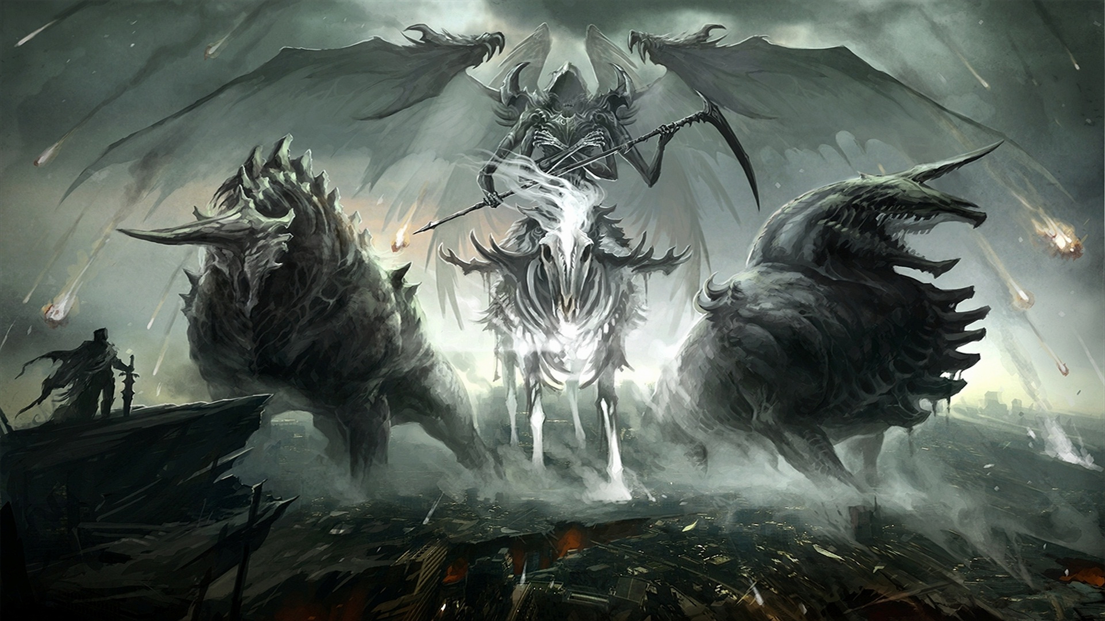 dark, demon, skeleton, grim reaper, scythe, wings HD wallpaper