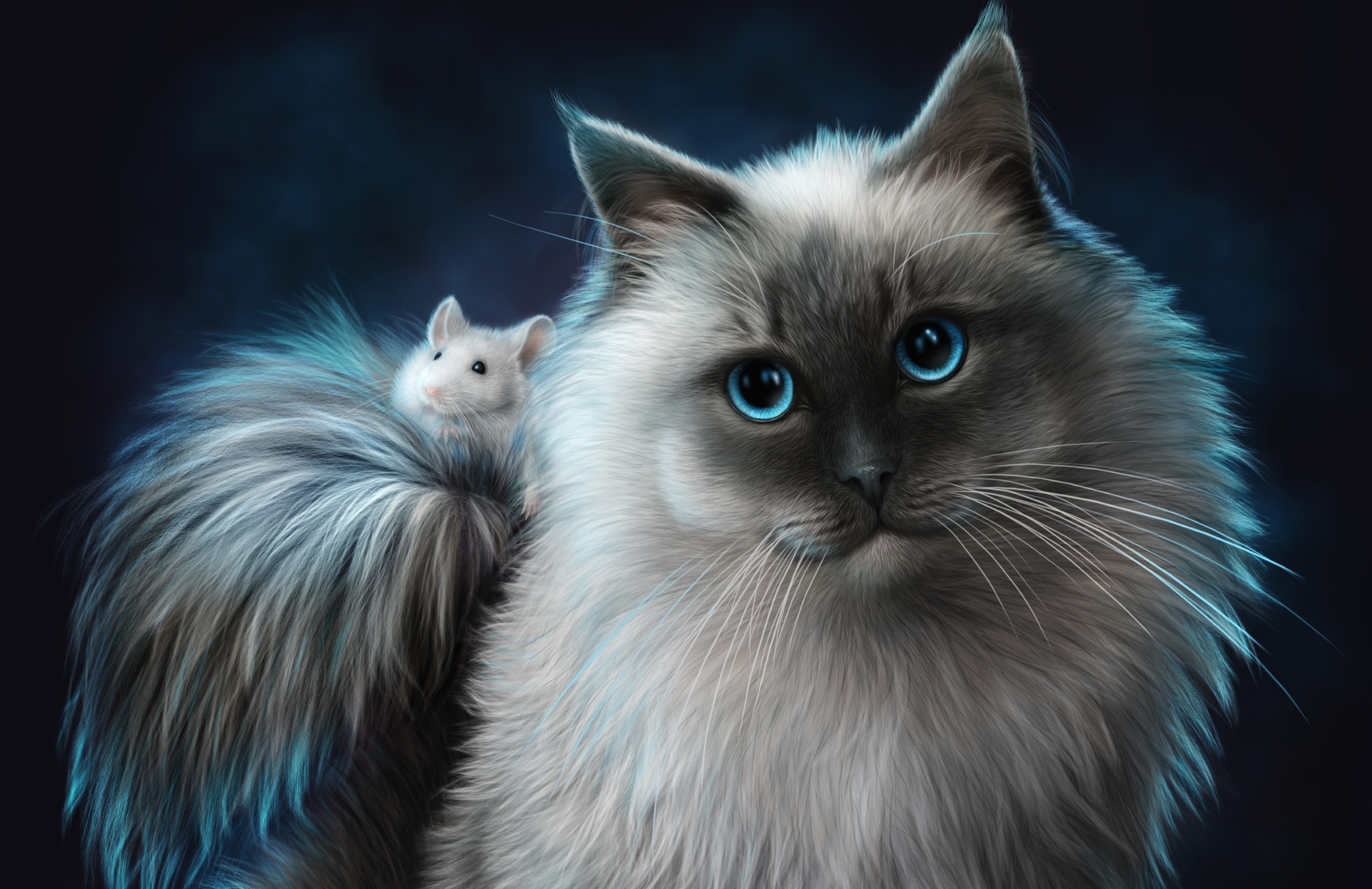 421669 завантажити картинку фантазія, кішка, блакитні очі, друг, миша, фантазійні тварини - шпалери і заставки безкоштовно