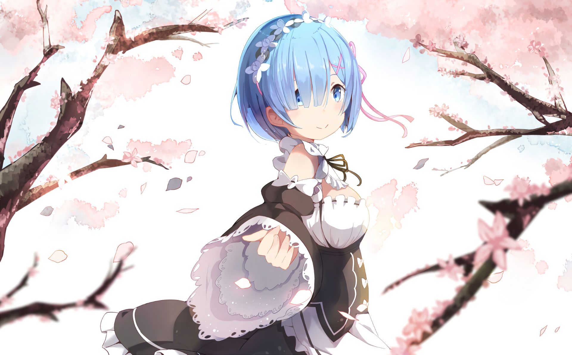 short hair, re:zero starting life in another world, face, rem (re:zero), maid, anime, blossom, blue eyes, blue hair