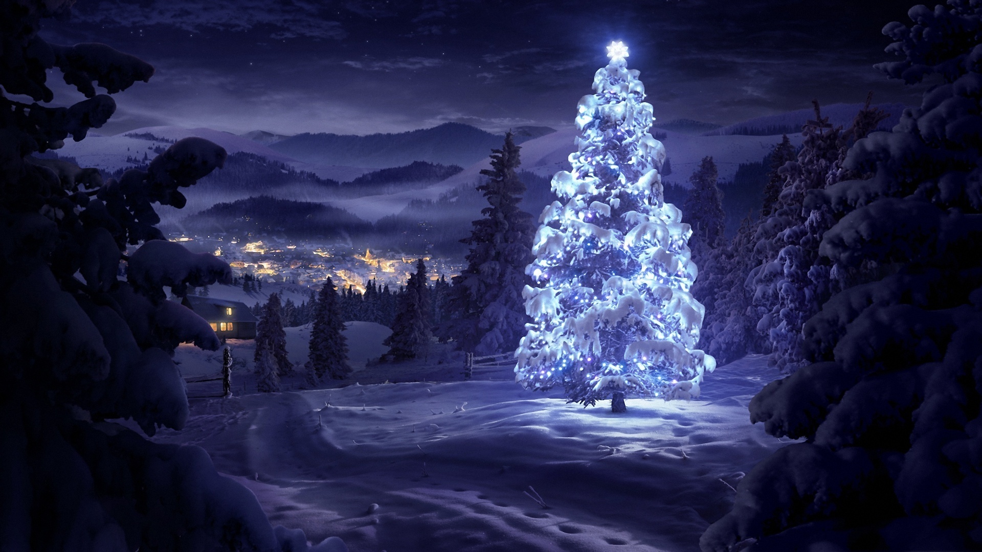 218227 Hintergrundbild herunterladen weihnachten, weihnachtsbaum, lila, landschaft, winter, schnee, feiertage - Bildschirmschoner und Bilder kostenlos