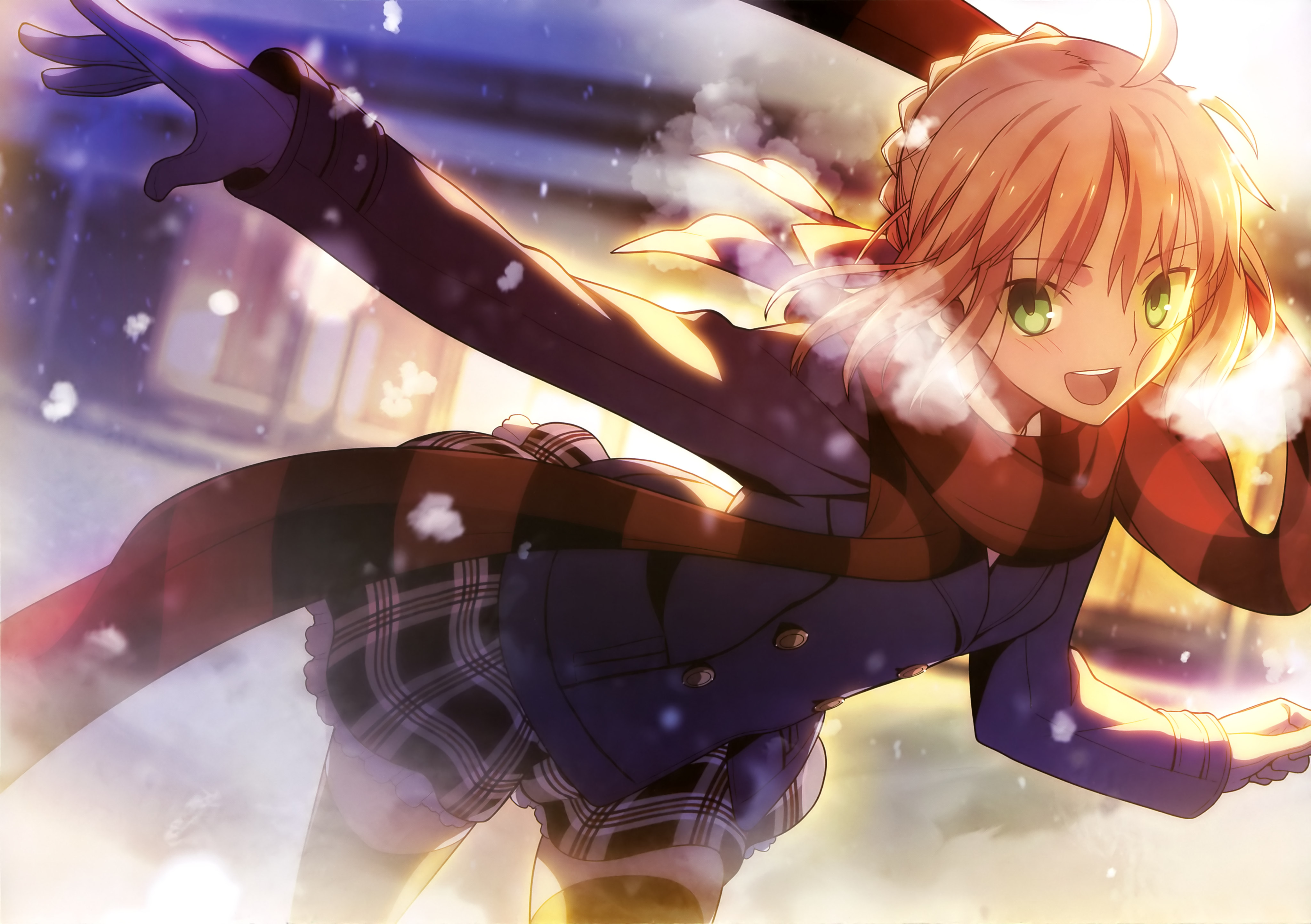 winter, anime, fate/stay night, fate (series), glove, green eyes, jacket, orange hair, saber (fate series), scarf, skirt, smile, thigh highs, fate series UHD