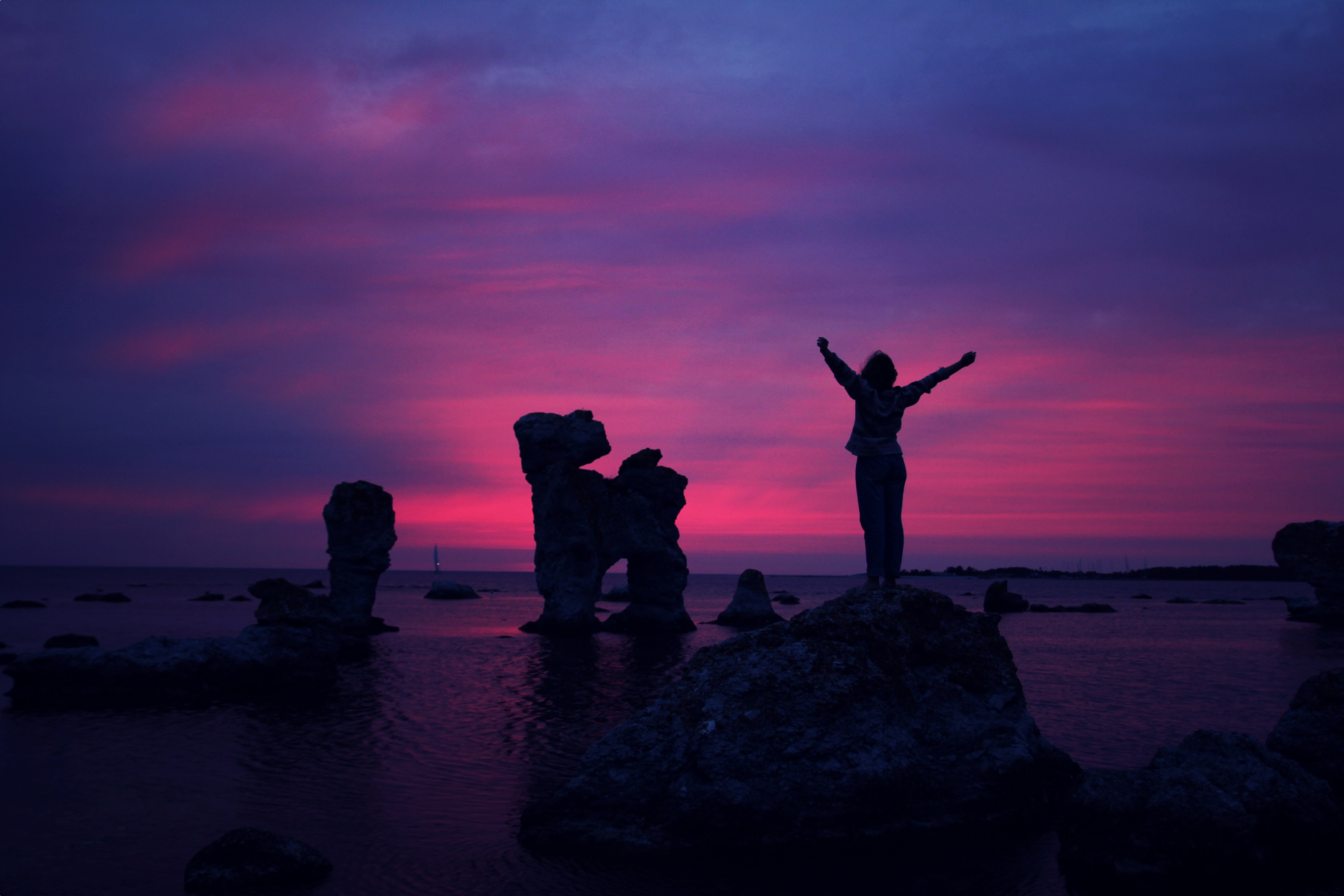 happiness, freedom, sunset, sea, rocks, dark, human, person