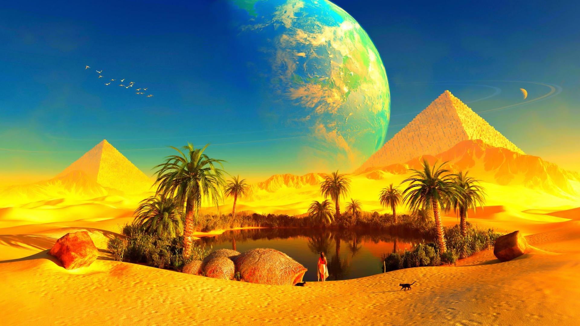 855374 завантажити шпалери фантазія, пейзаж, кішка, пустеля, оазис, планета, піраміда - заставки і картинки безкоштовно