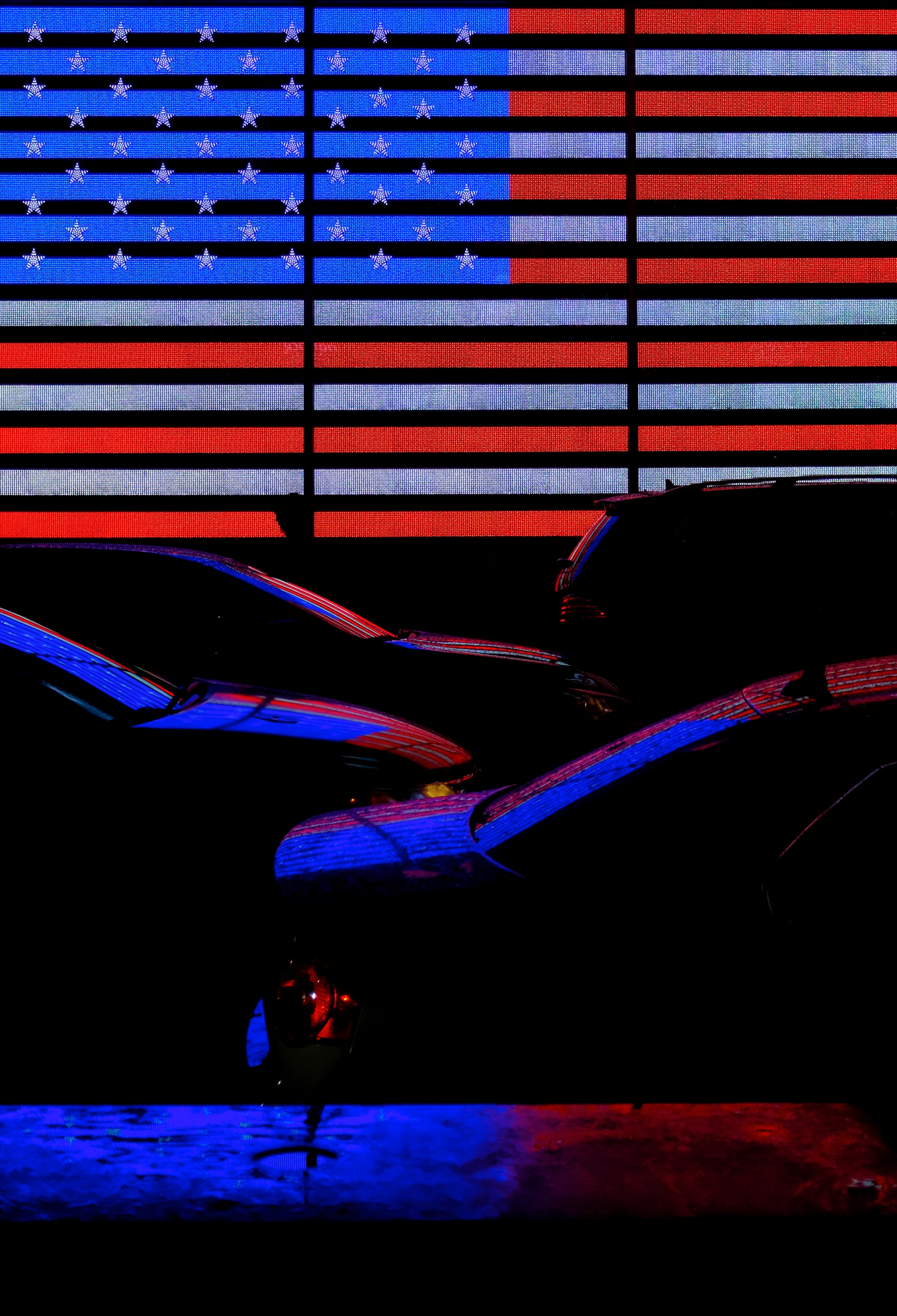 Laden Sie das Amerika, Flagge, Flag, Autos, Dunkel, Neon-Bild kostenlos auf Ihren PC-Desktop herunter