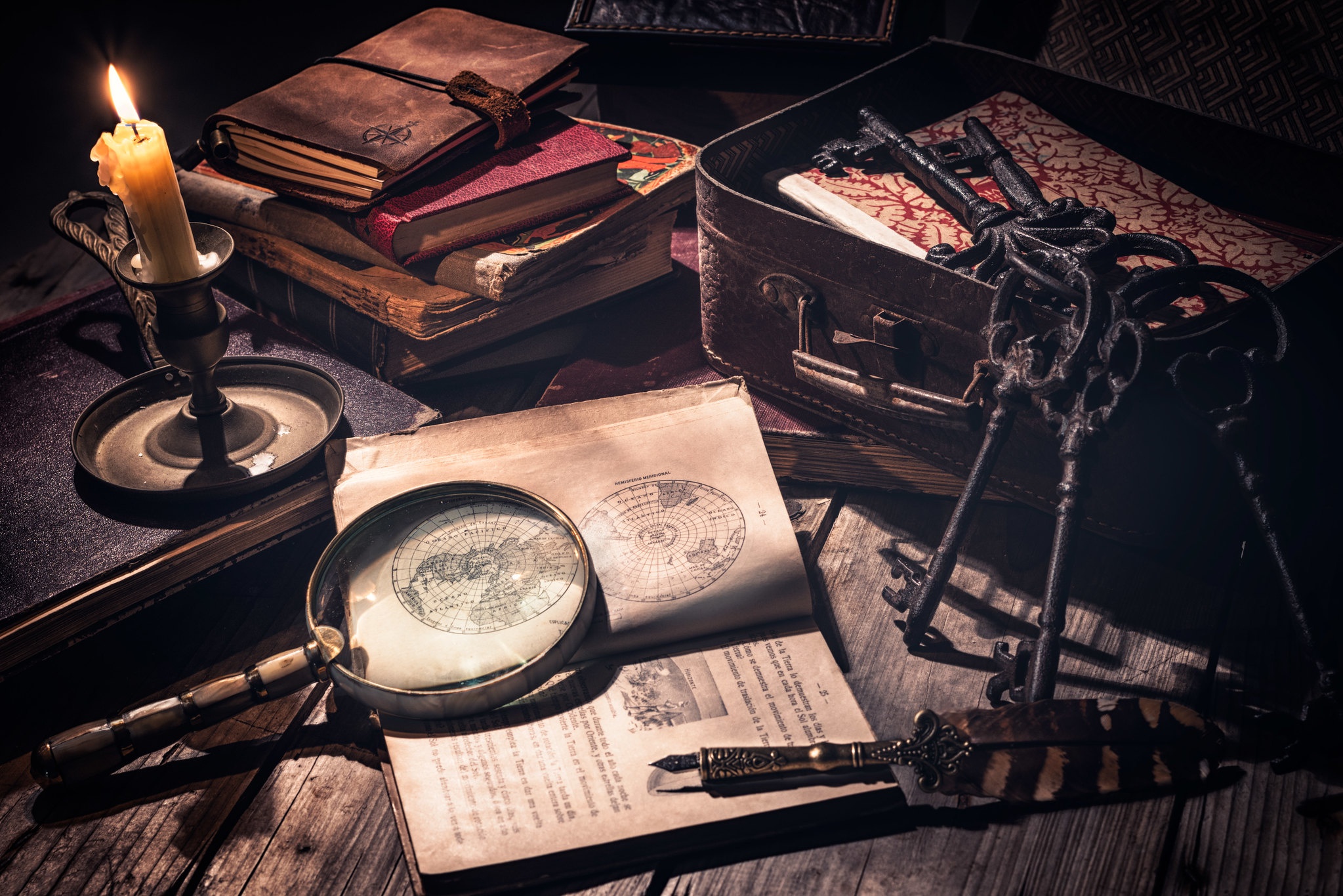 Free download wallpaper Still Life, Book, Pen, Candle, Key, Photography, Magnifying Glass on your PC desktop