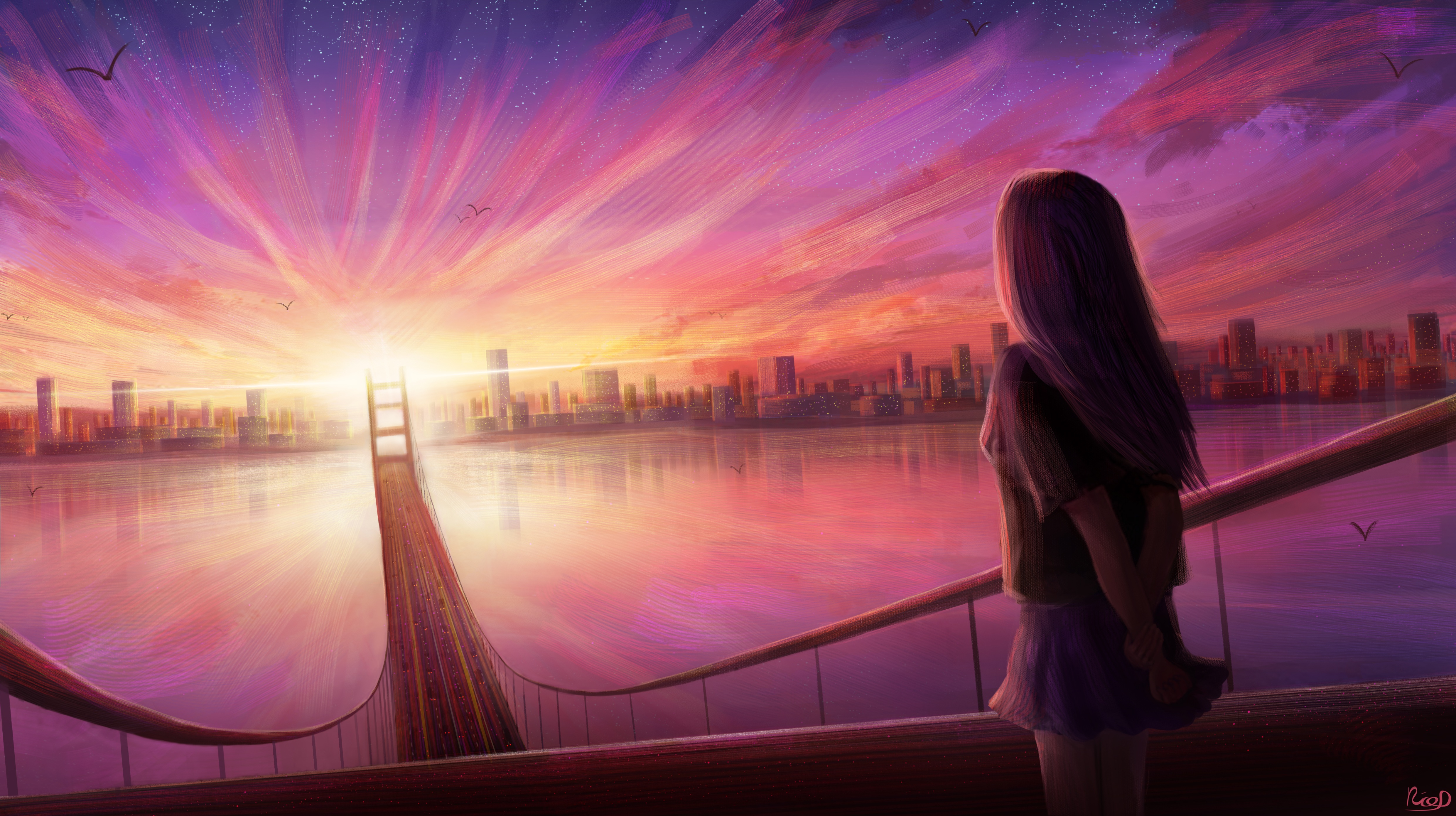 evening, anime, sunset, bridge 4K Ultra