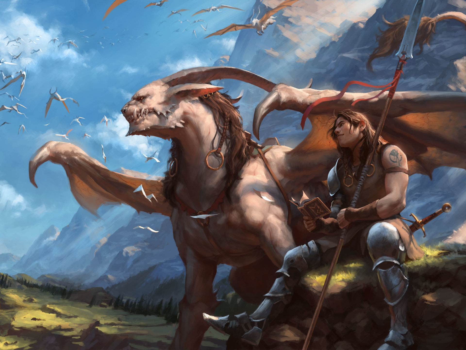 Download mobile wallpaper Fantasy, Mountain, Wings, Warrior, Creature, Horns, Spear for free.