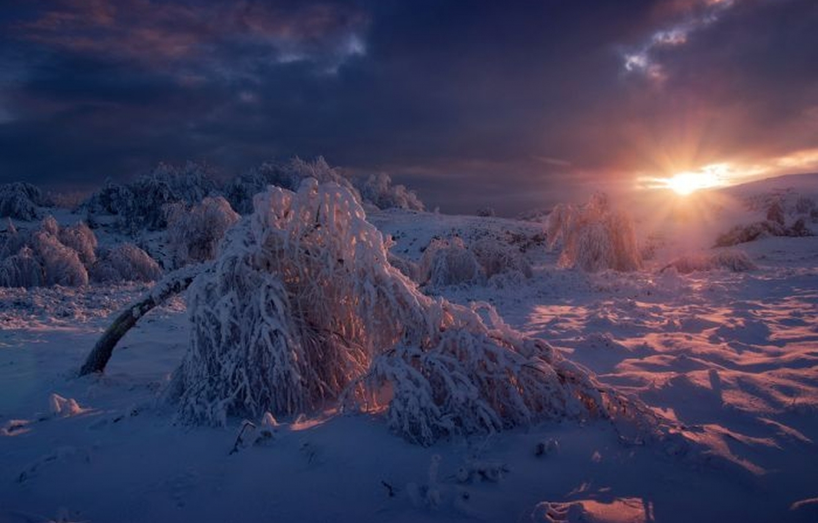 Free download wallpaper Nature, Sunset, Landscape, Snow on your PC desktop