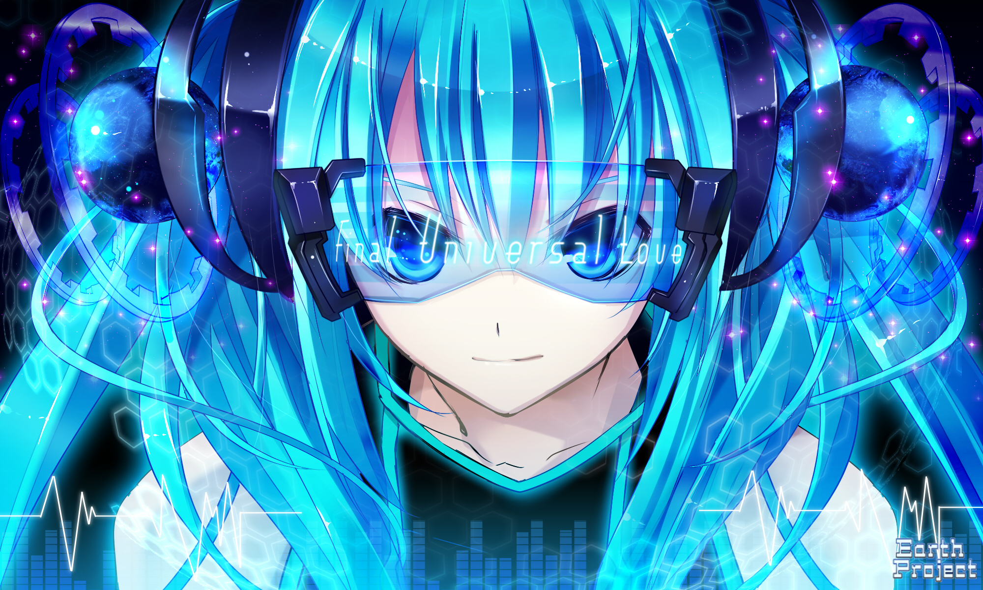 anime, twintails, hatsune miku, headphones, vocaloid, aqua eyes, aqua hair, final universal love, glasses Smartphone Background