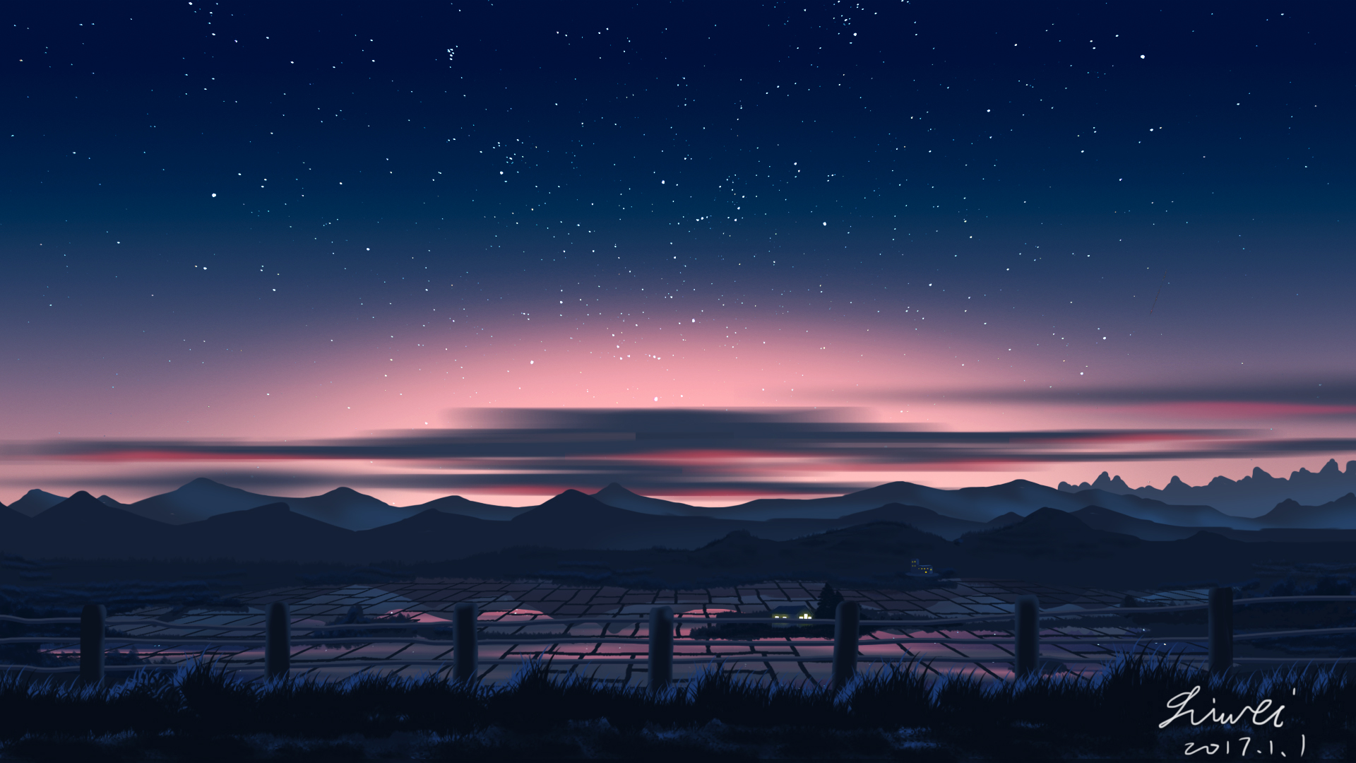 anime, original, countryside, starry sky